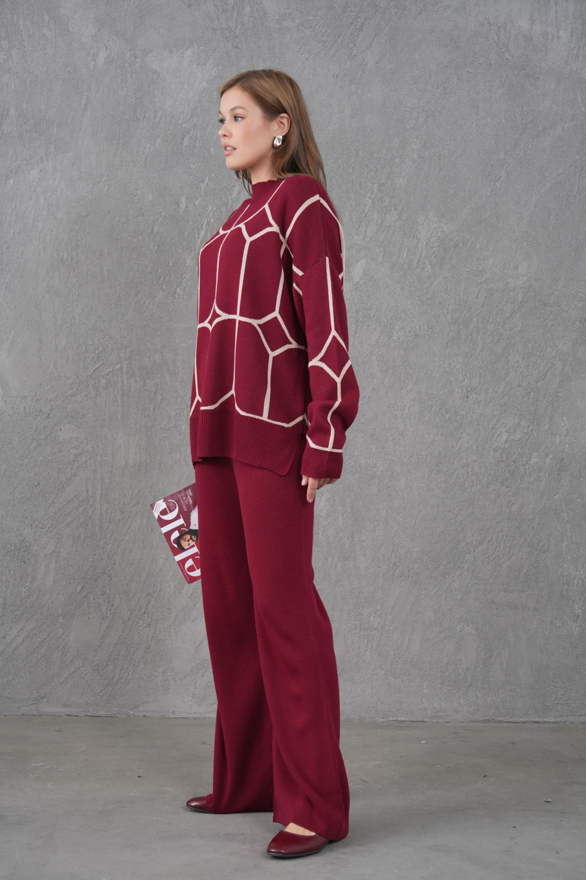 Kadın Dik Yaka Desenli Oversize Kazak Pantolon Triko Alt-Üst Takım