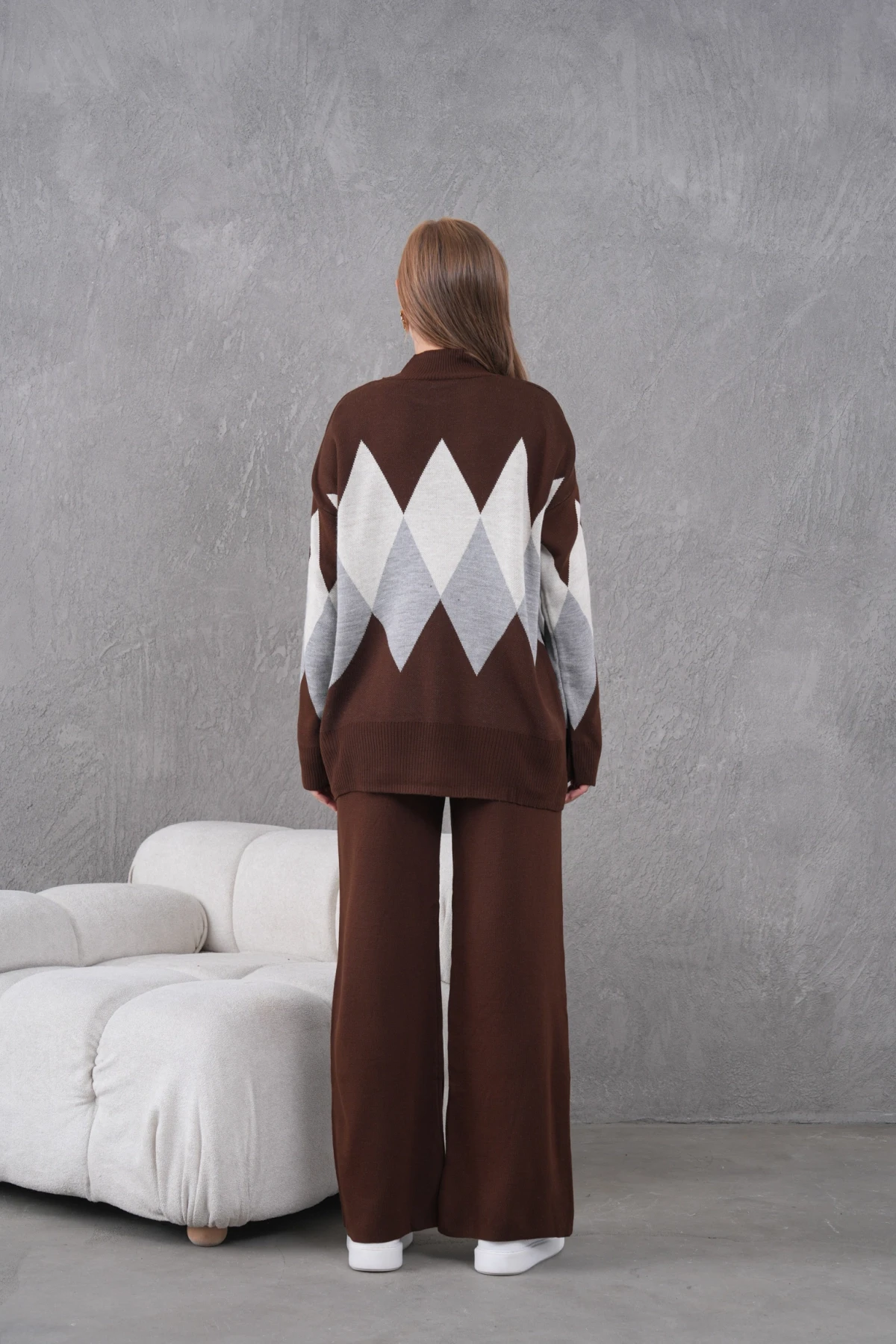 Kadın Dik Yaka Desenli Yırtmaçlı Kazak Pantolon İkil Triko Takım