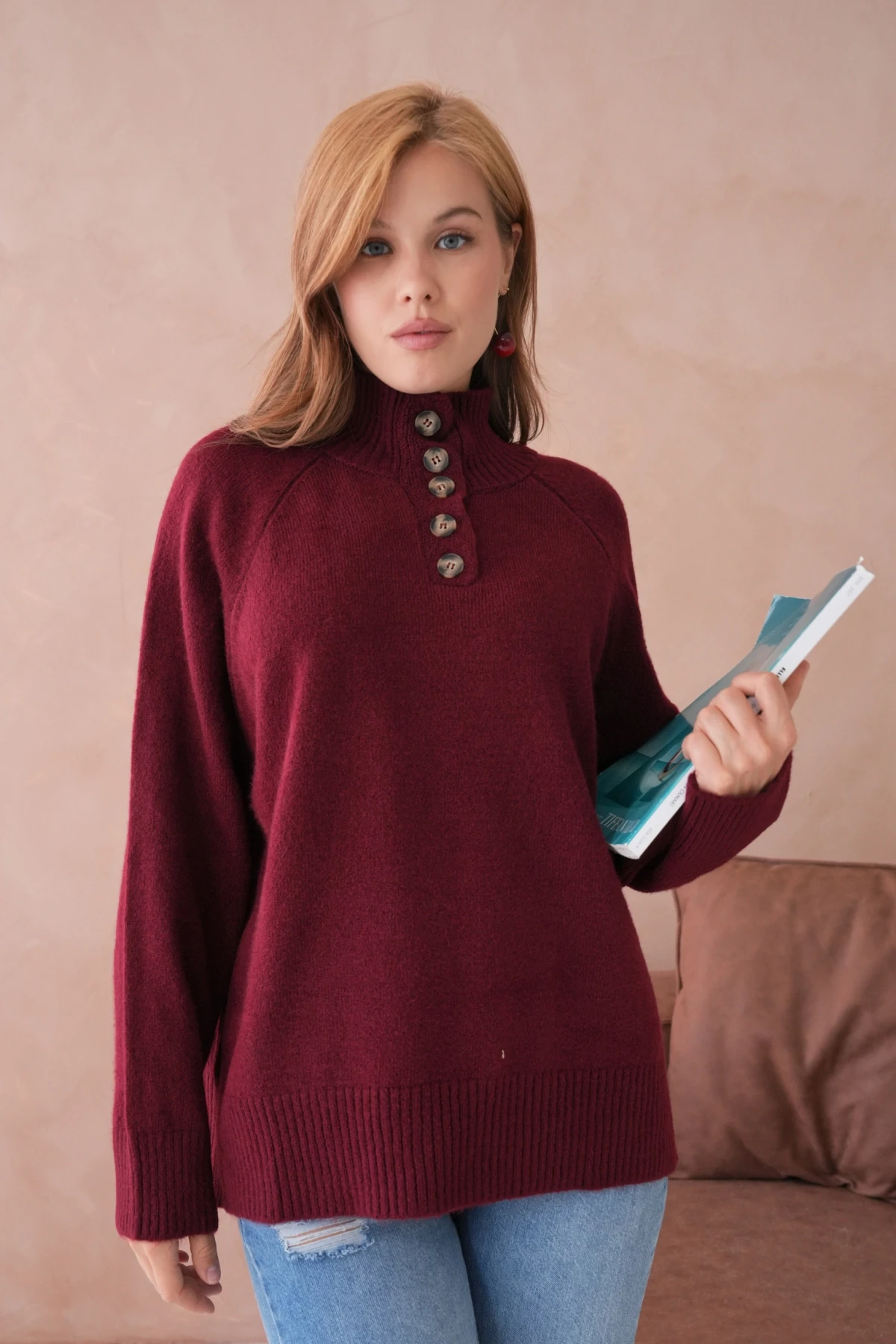 Kadın Dik Yaka Düğme Detay Oversize Triko Kazak