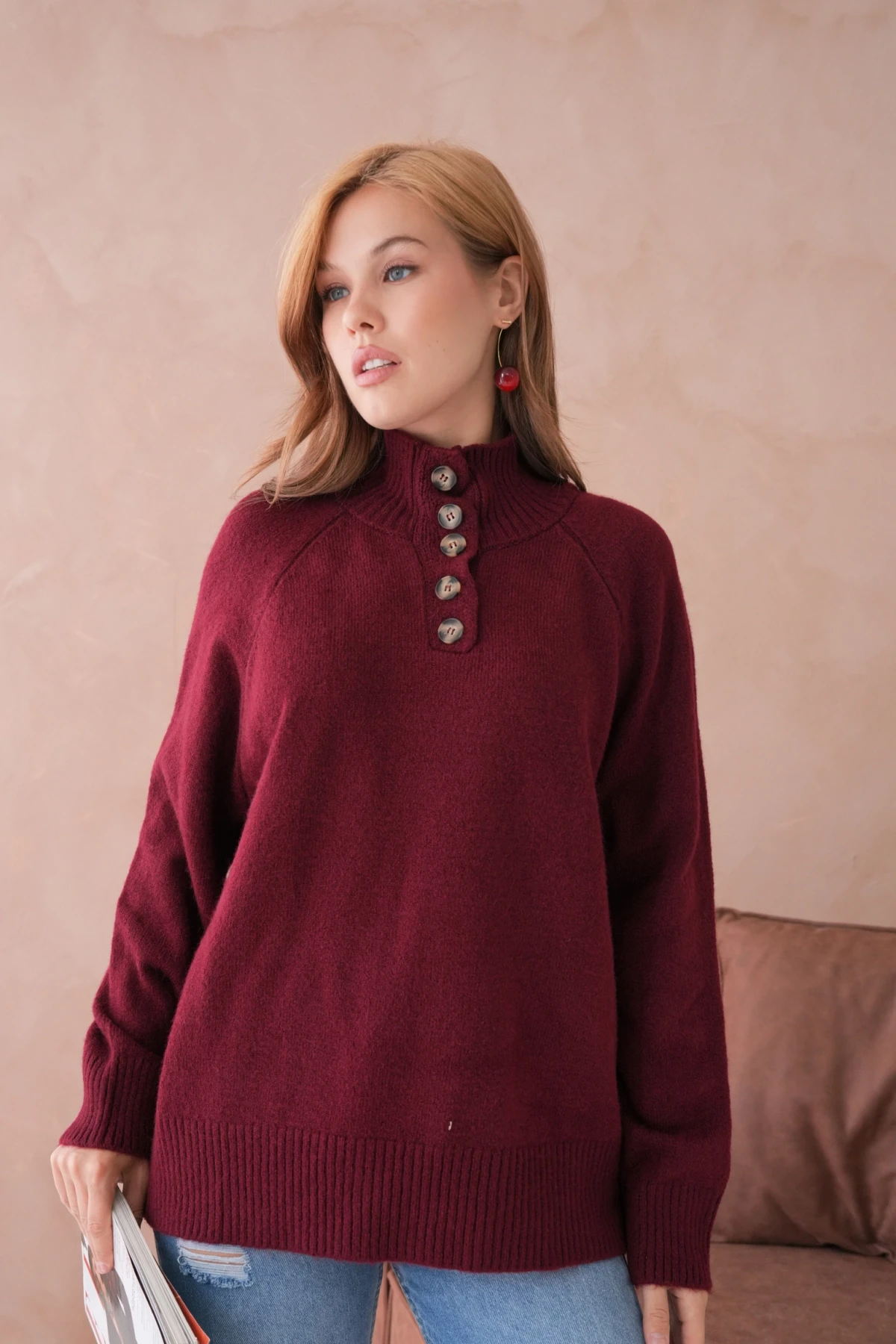 Kadın Dik Yaka Düğme Detay Oversize Triko Kazak