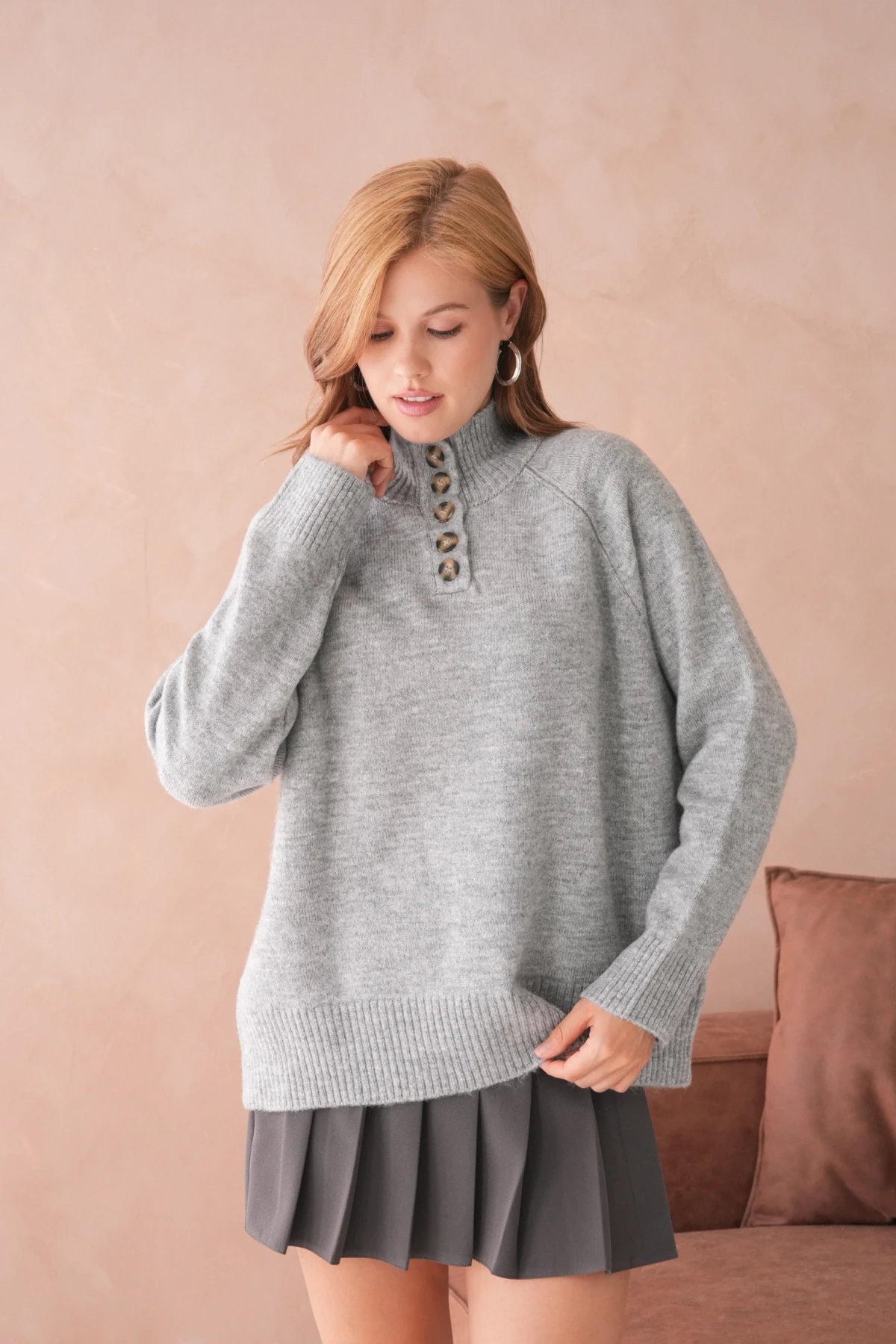 Kadın Dik Yaka Düğme Detay Oversize Triko Kazak