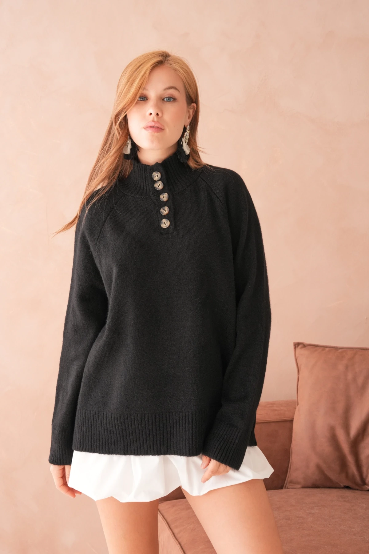 Kadın Dik Yaka Düğme Detay Oversize Triko Kazak