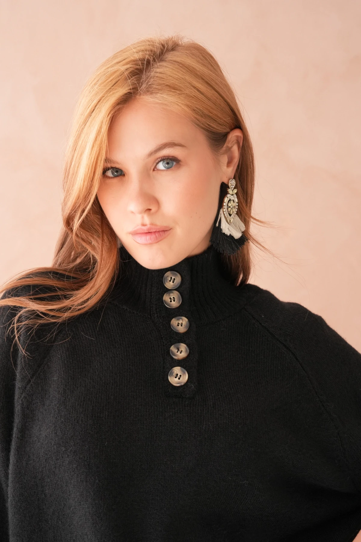 Kadın Dik Yaka Düğme Detay Oversize Triko Kazak