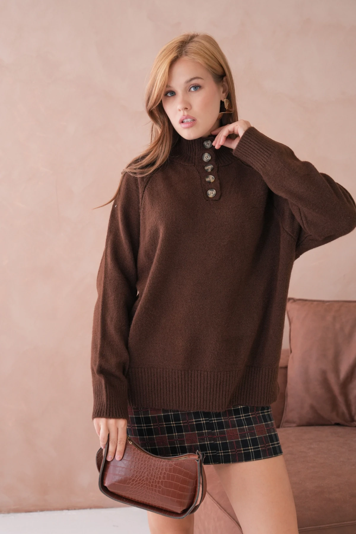 Kadın Dik Yaka Düğme Detay Oversize Triko Kazak