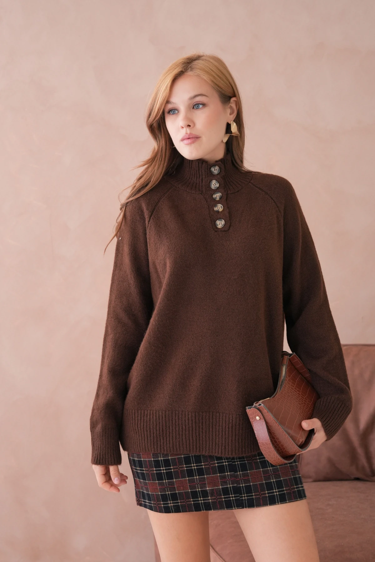 Kadın Dik Yaka Düğme Detay Oversize Triko Kazak