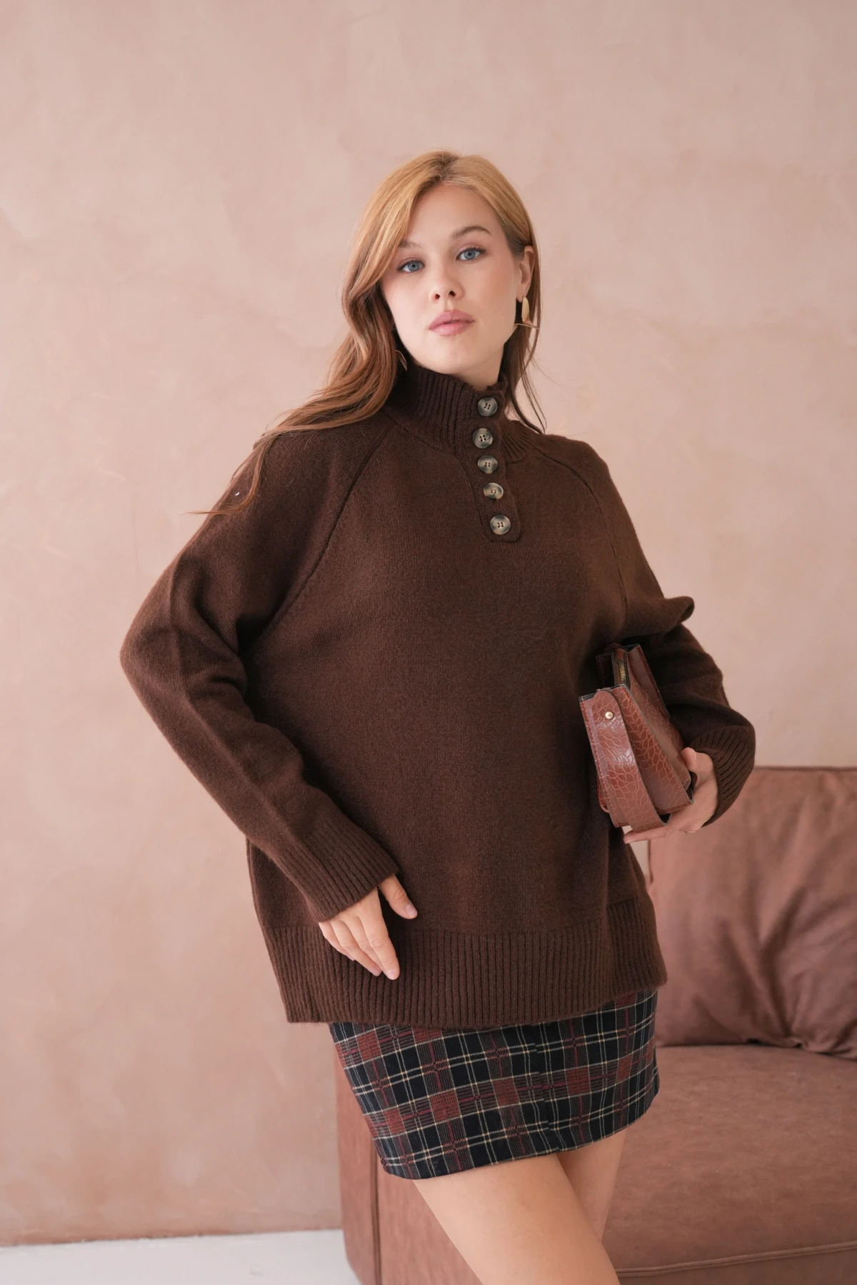 Kadın Dik Yaka Düğme Detay Oversize Triko Kazak