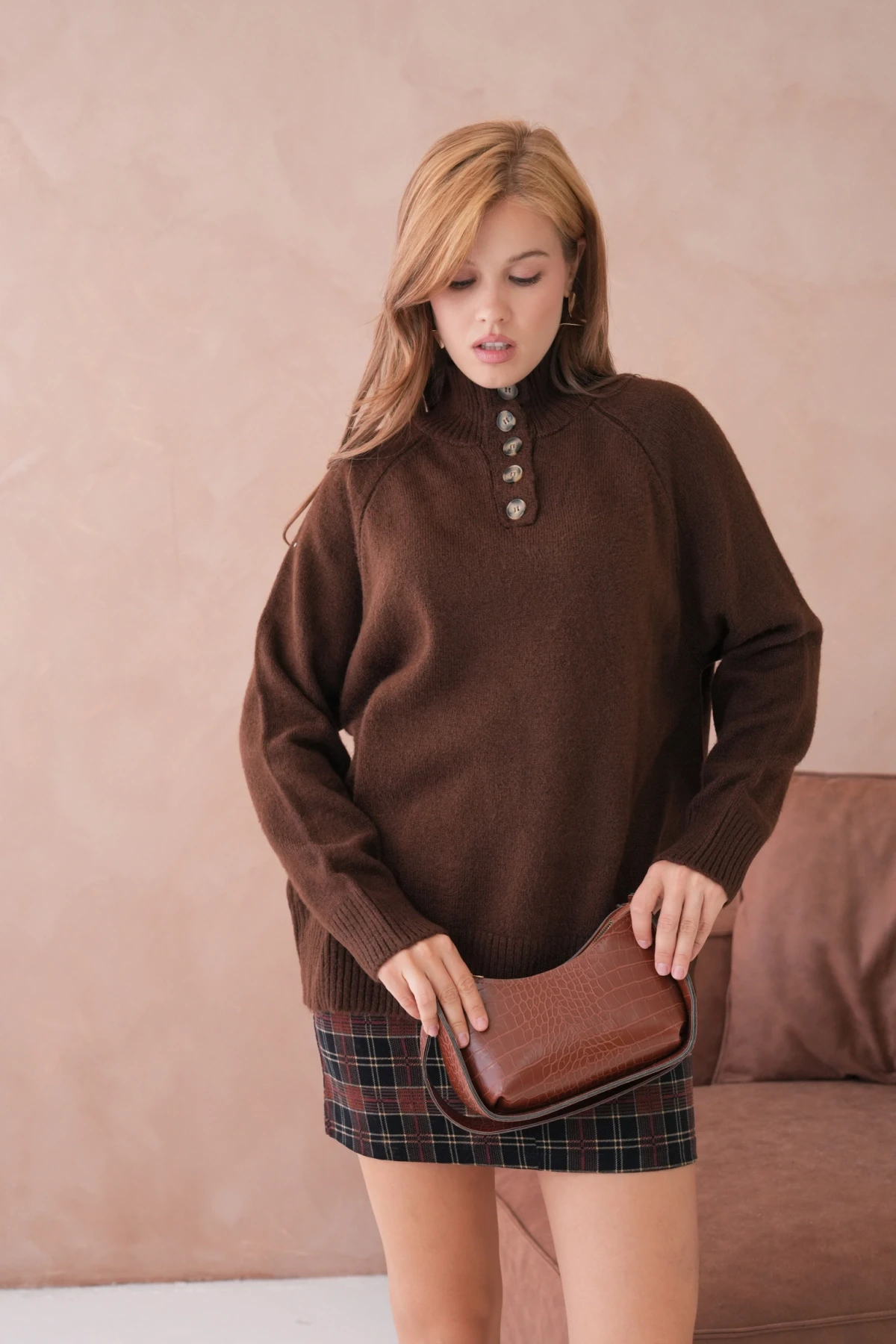 Kadın Dik Yaka Düğme Detay Oversize Triko Kazak