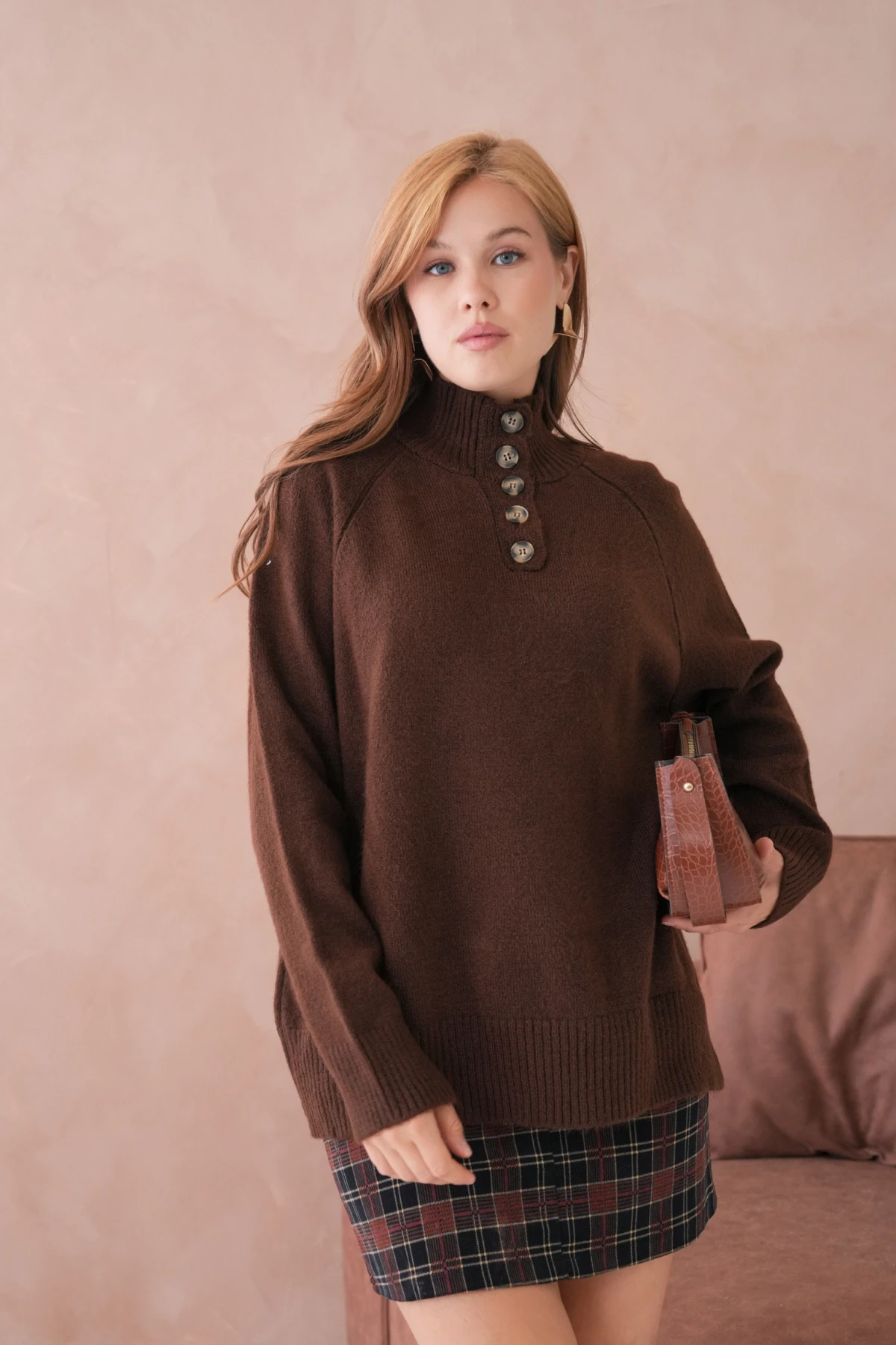 Kadın Dik Yaka Düğme Detay Oversize Triko Kazak