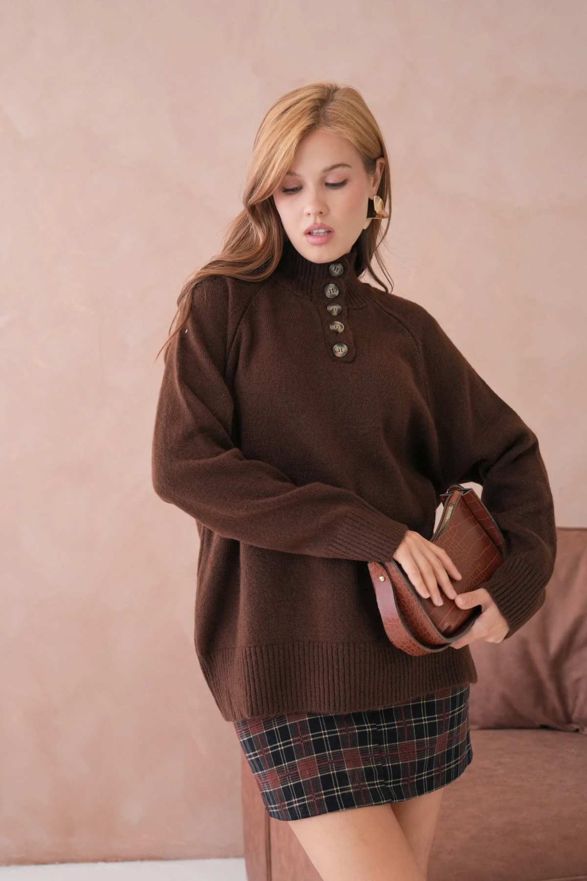 Kadın Dik Yaka Düğme Detay Oversize Triko Kazak