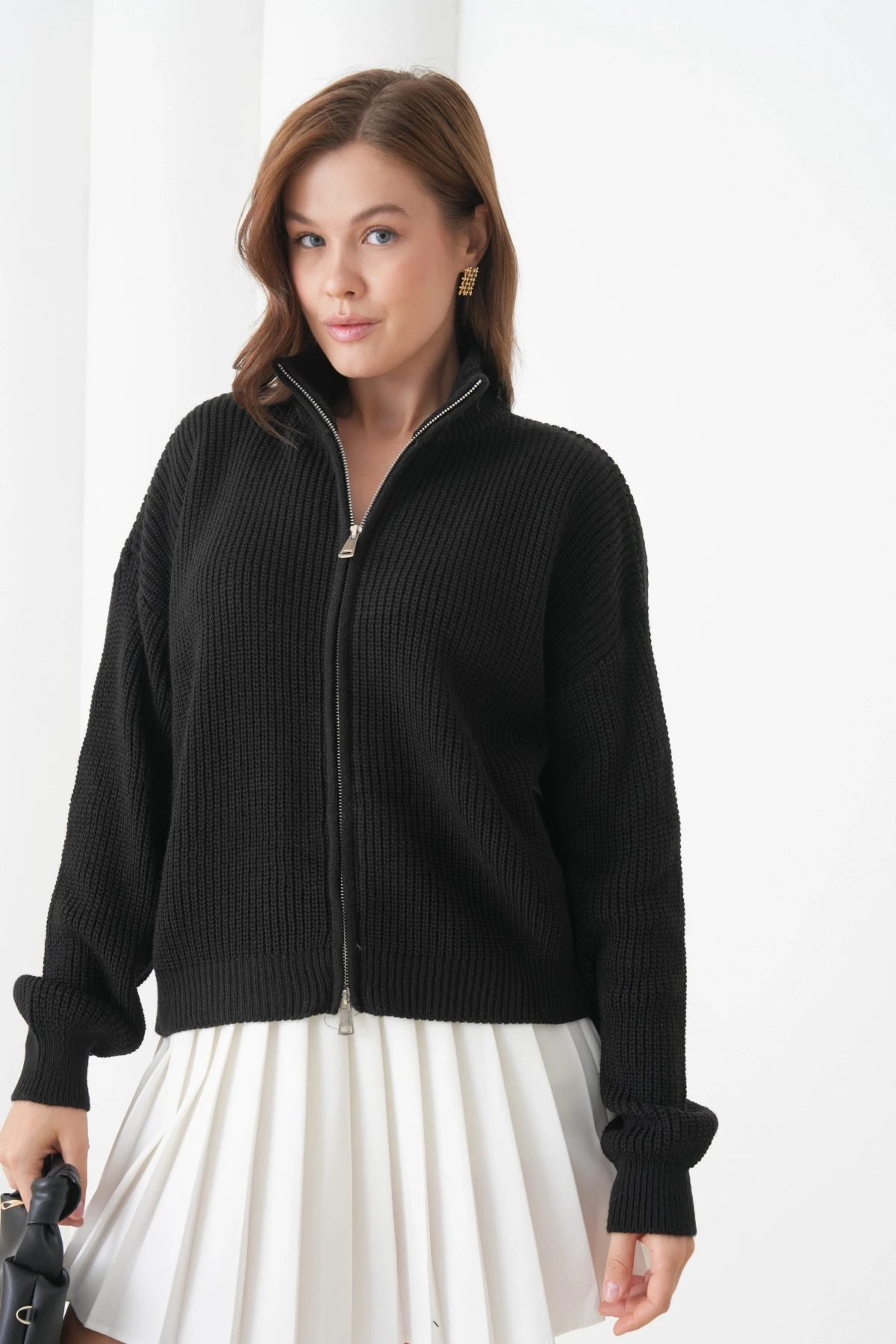 Kadın Dik Yaka Fermuar Kapama Oversize Triko Hırka 