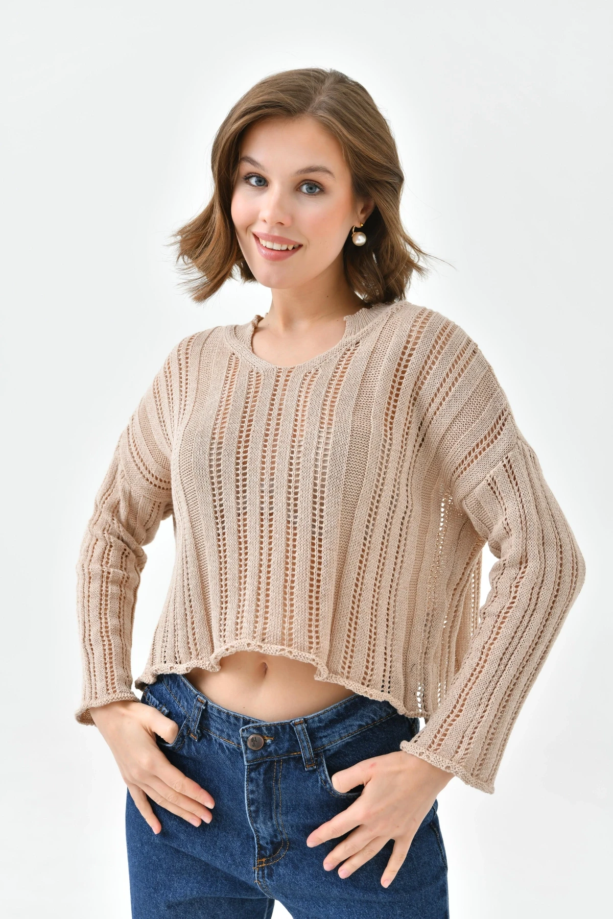 Kadın Dik Yaka Örgü Detaylı Crop Triko Kazak