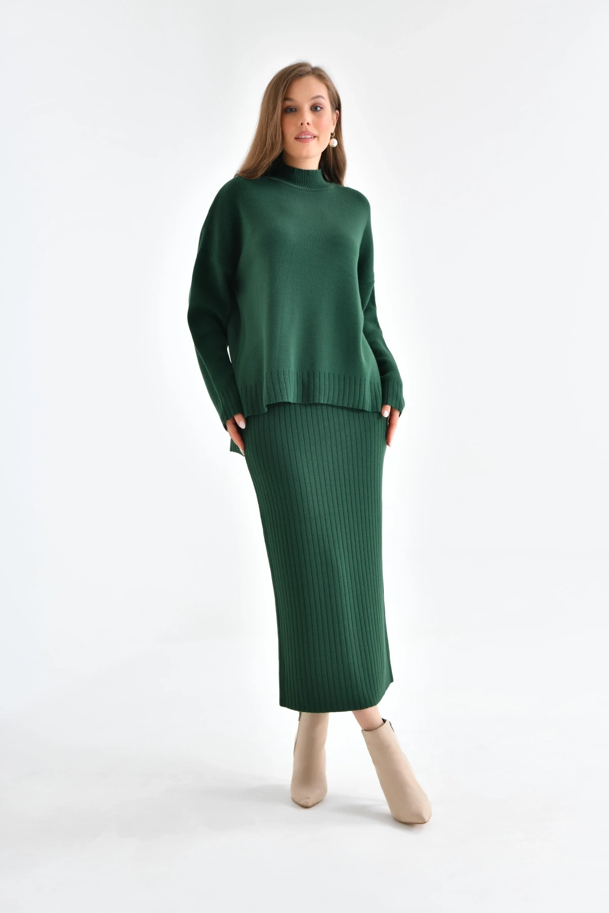 Kadın Dik Yaka Salaş Kazak Uzun Etekli İkili Triko Takım