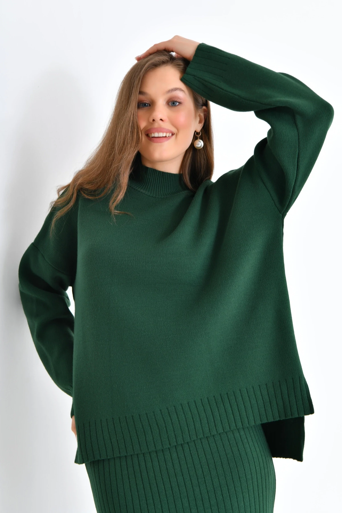 Kadın Dik Yaka Salaş Kazak Uzun Etekli İkili Triko Takım