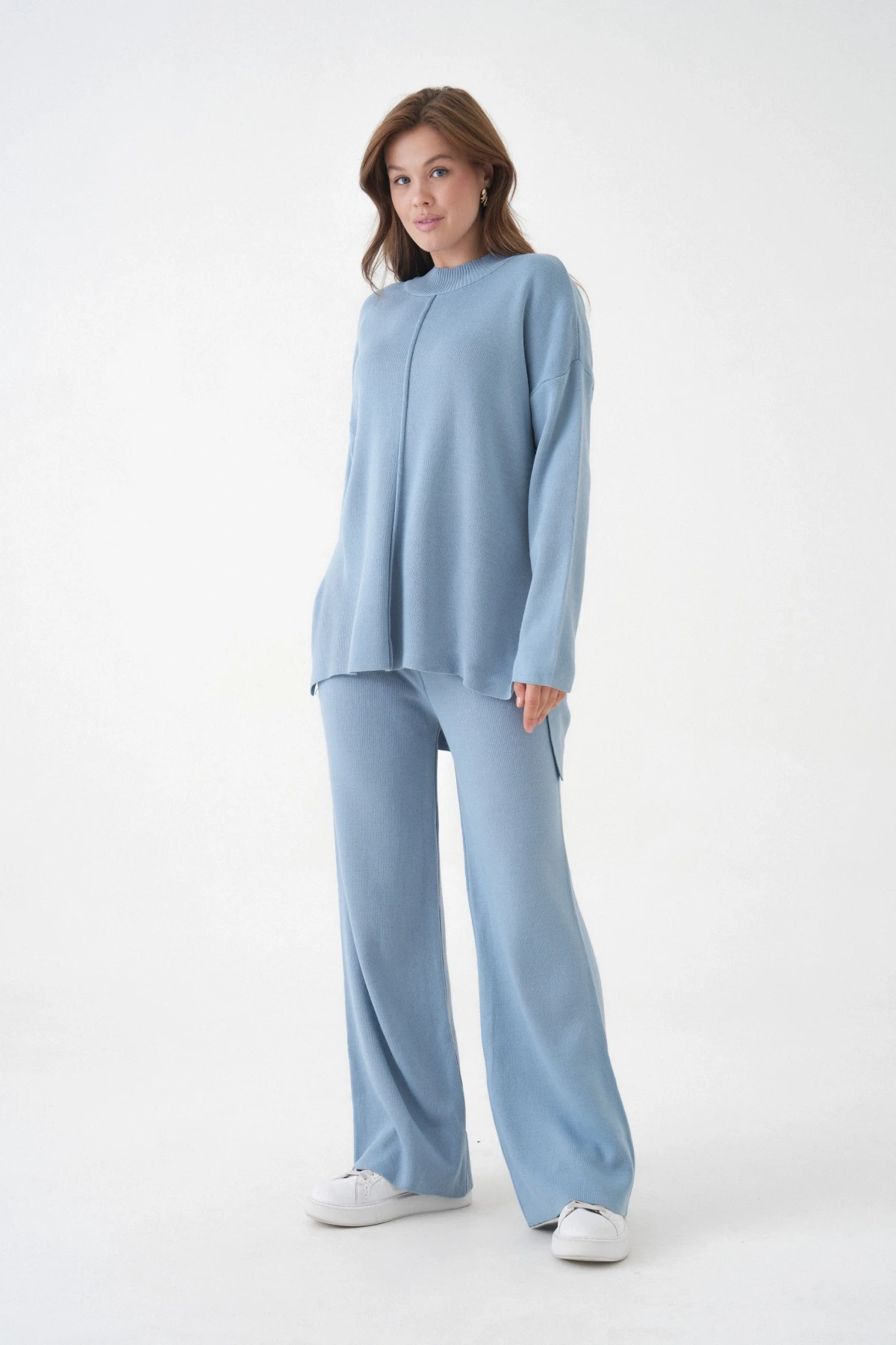 kadın dik yaka yırtmaçlı kazak pantolon triko alt-üst takım 