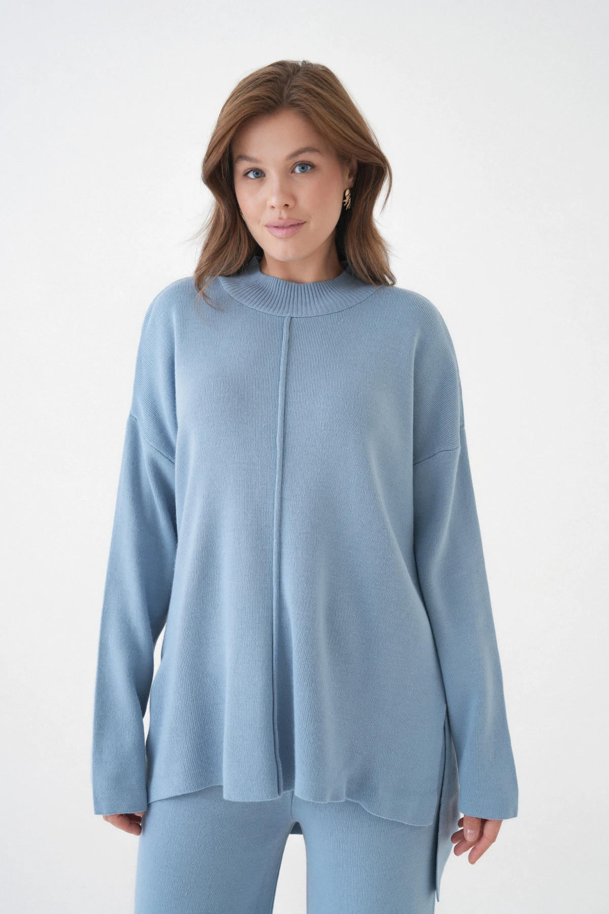 kadın dik yaka yırtmaçlı kazak pantolon triko alt-üst takım 