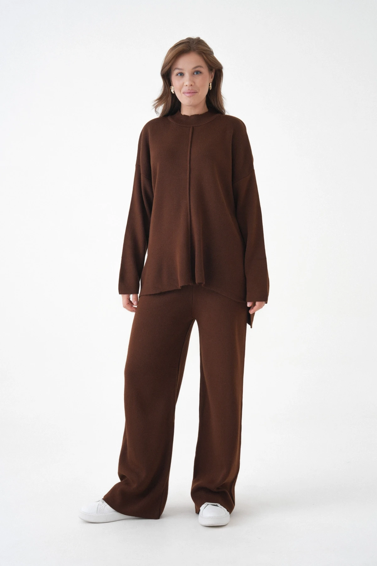 kadın dik yaka yırtmaçlı kazak pantolon triko alt-üst takım 