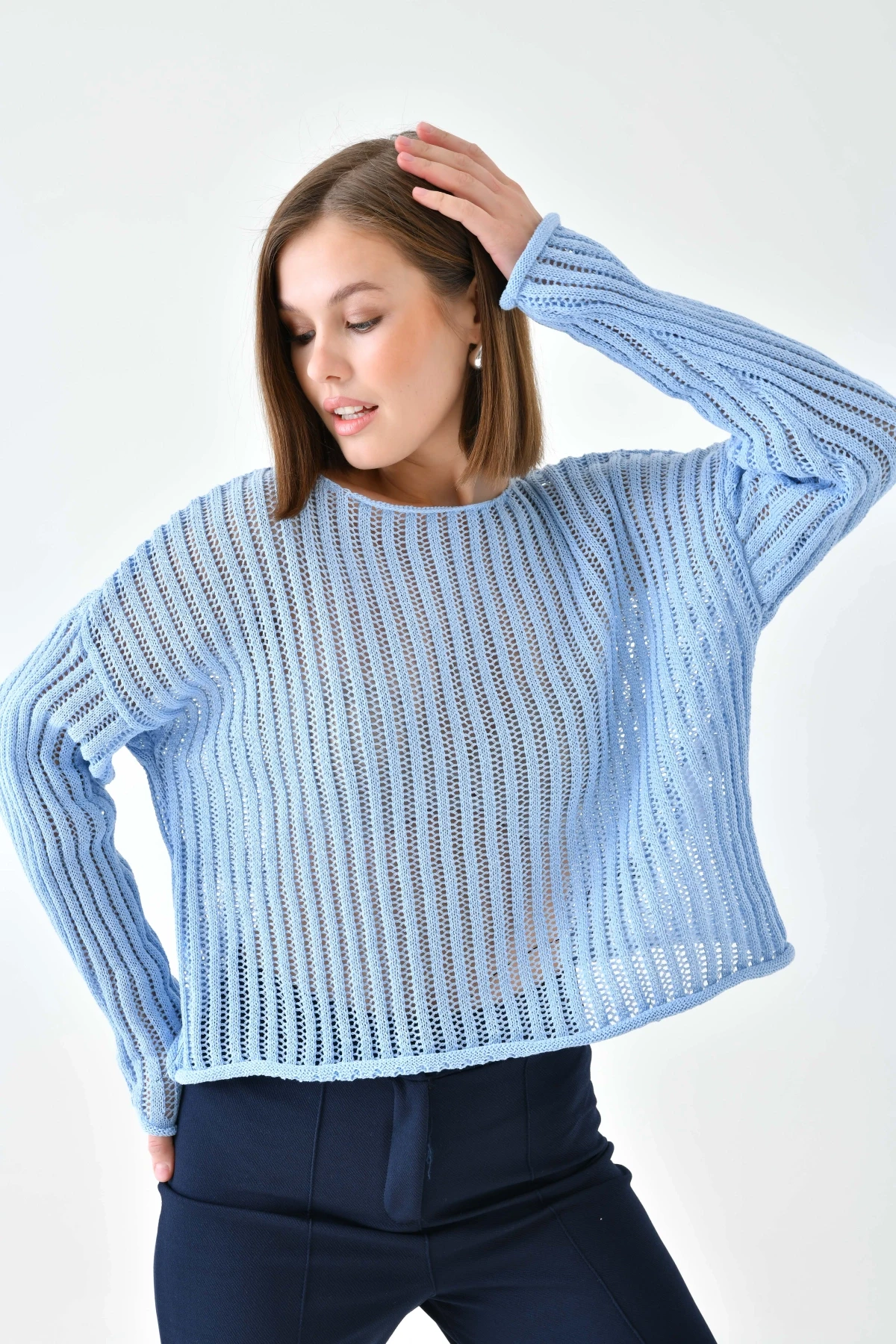 Kadın Geniş Yaka Örgü Detay Oversize Triko Kazak