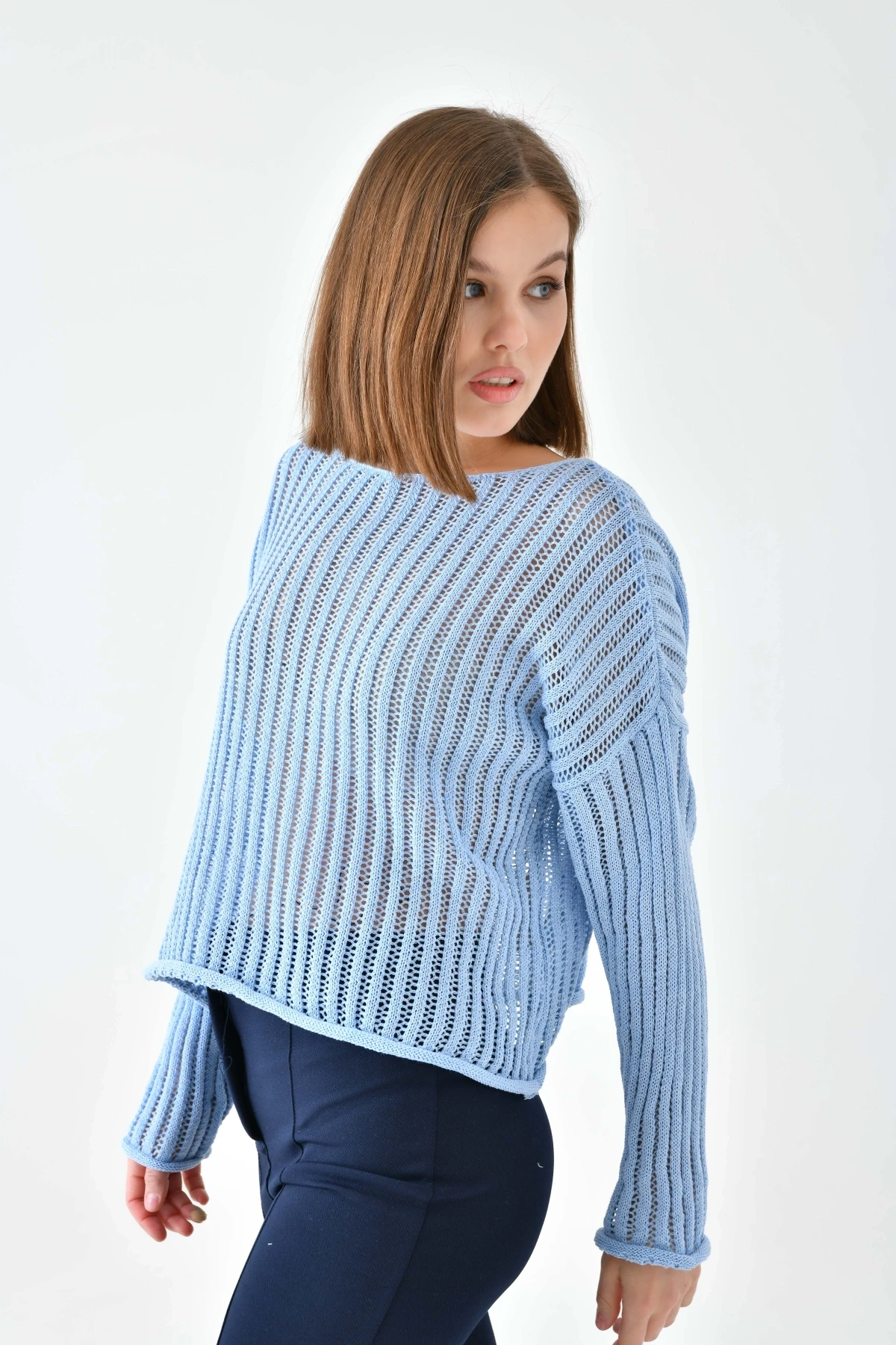 Kadın Geniş Yaka Örgü Detay Oversize Triko Kazak