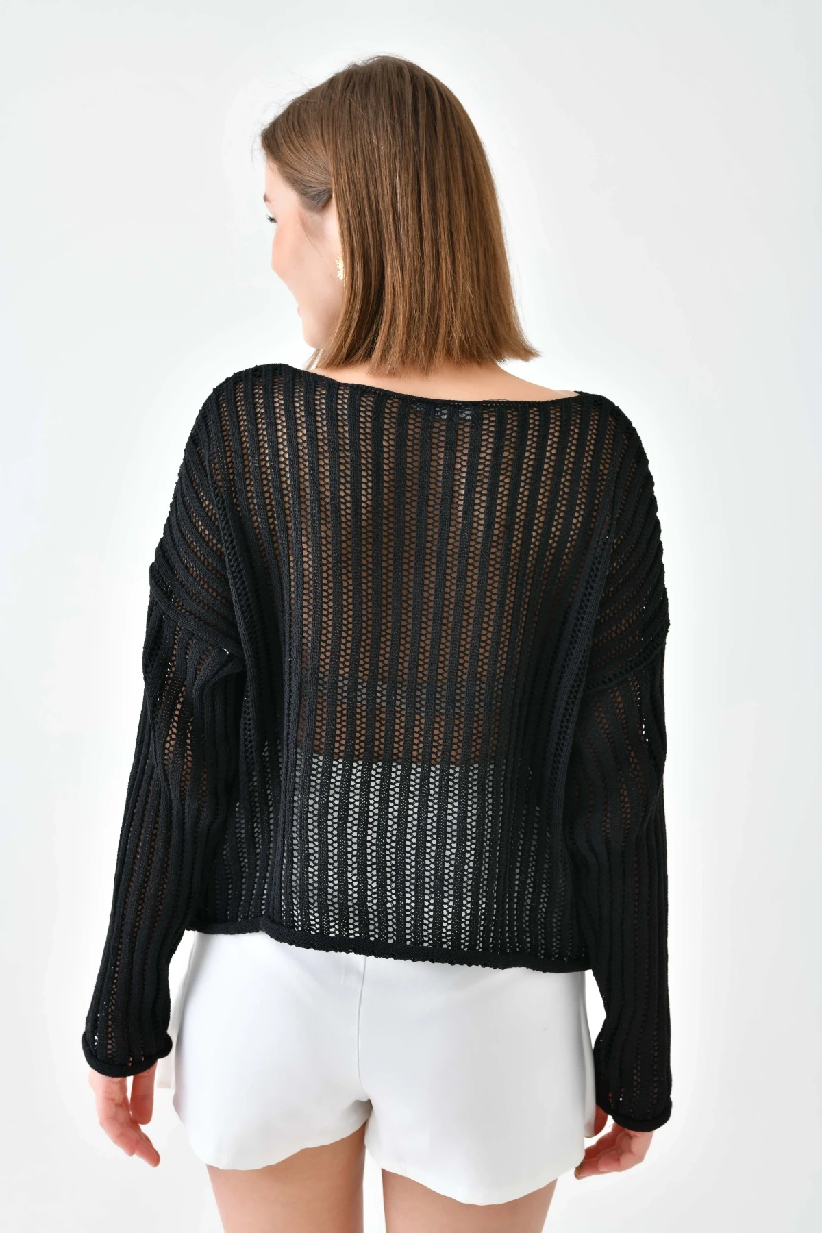 Kadın Geniş Yaka Örgü Detay Oversize Triko Kazak