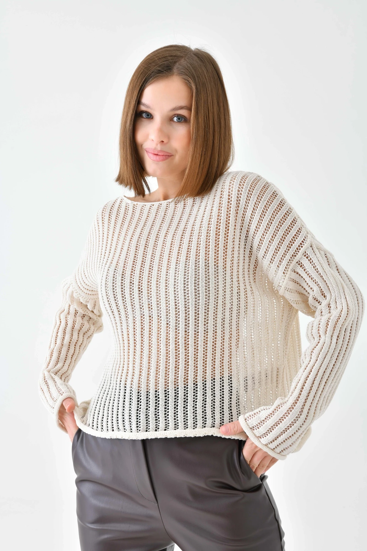 Kadın Geniş Yaka Örgü Detay Oversize Triko Kazak