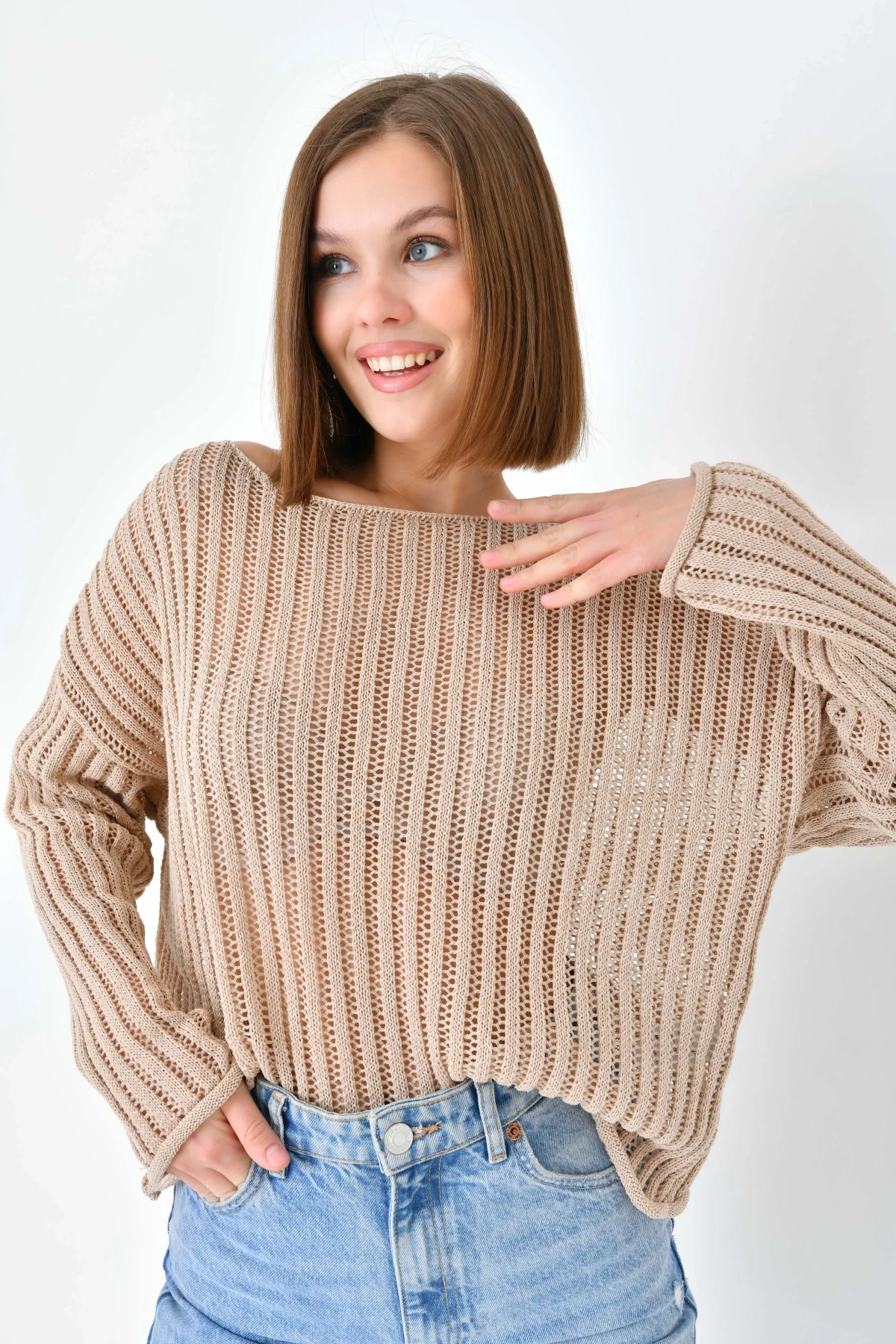 Kadın Geniş Yaka Örgü Detay Oversize Triko Kazak