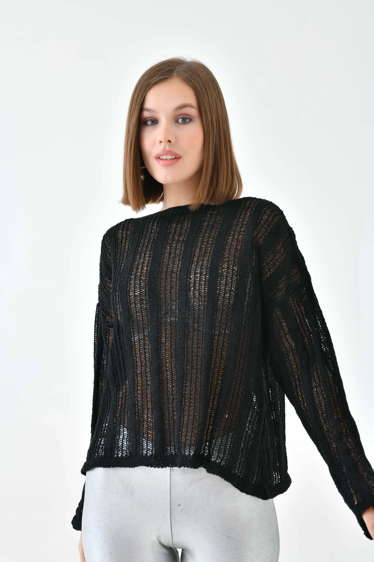 Kadın Kayık Yaka Örgü Detay Oversize Triko Kazak