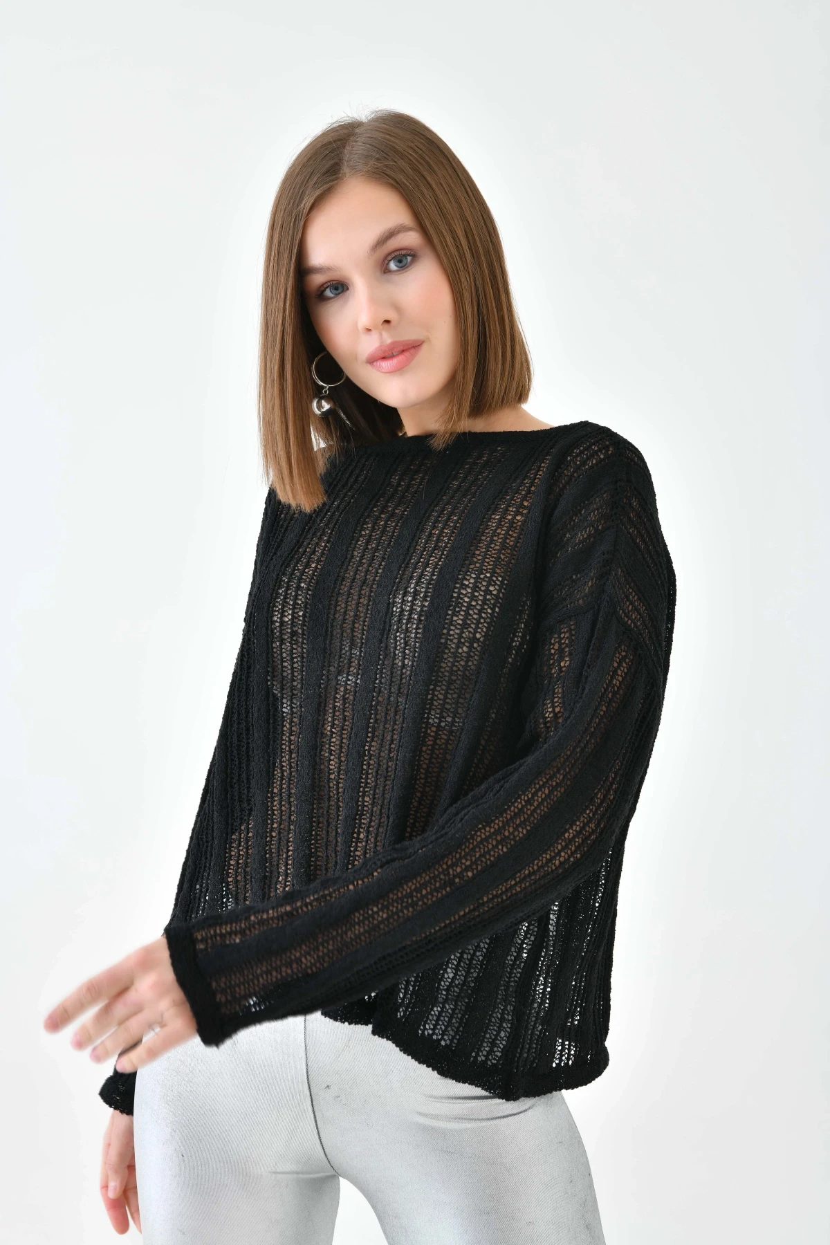 Kadın Kayık Yaka Örgü Detay Oversize Triko Kazak