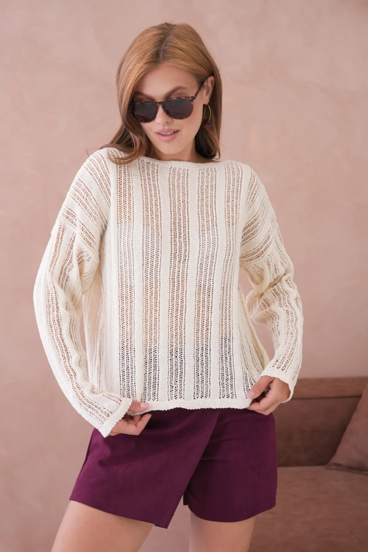 Kadın Kayık Yaka Örgü Detay Oversize Triko Kazak