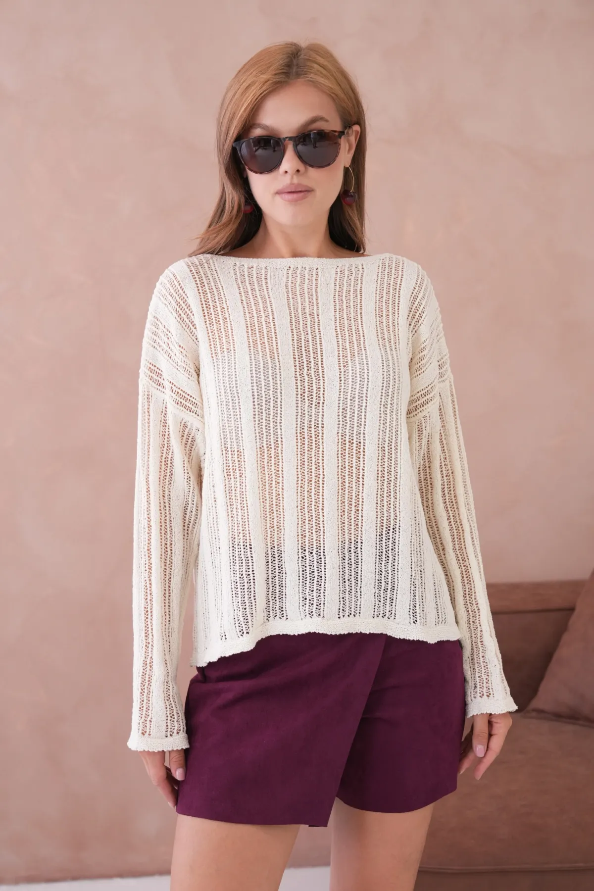 Kadın Kayık Yaka Örgü Detay Oversize Triko Kazak