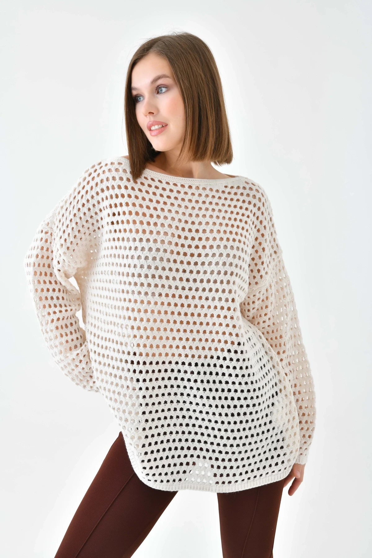 Kadın Kayık Yaka Örgü Detay Oversize Triko Kazak