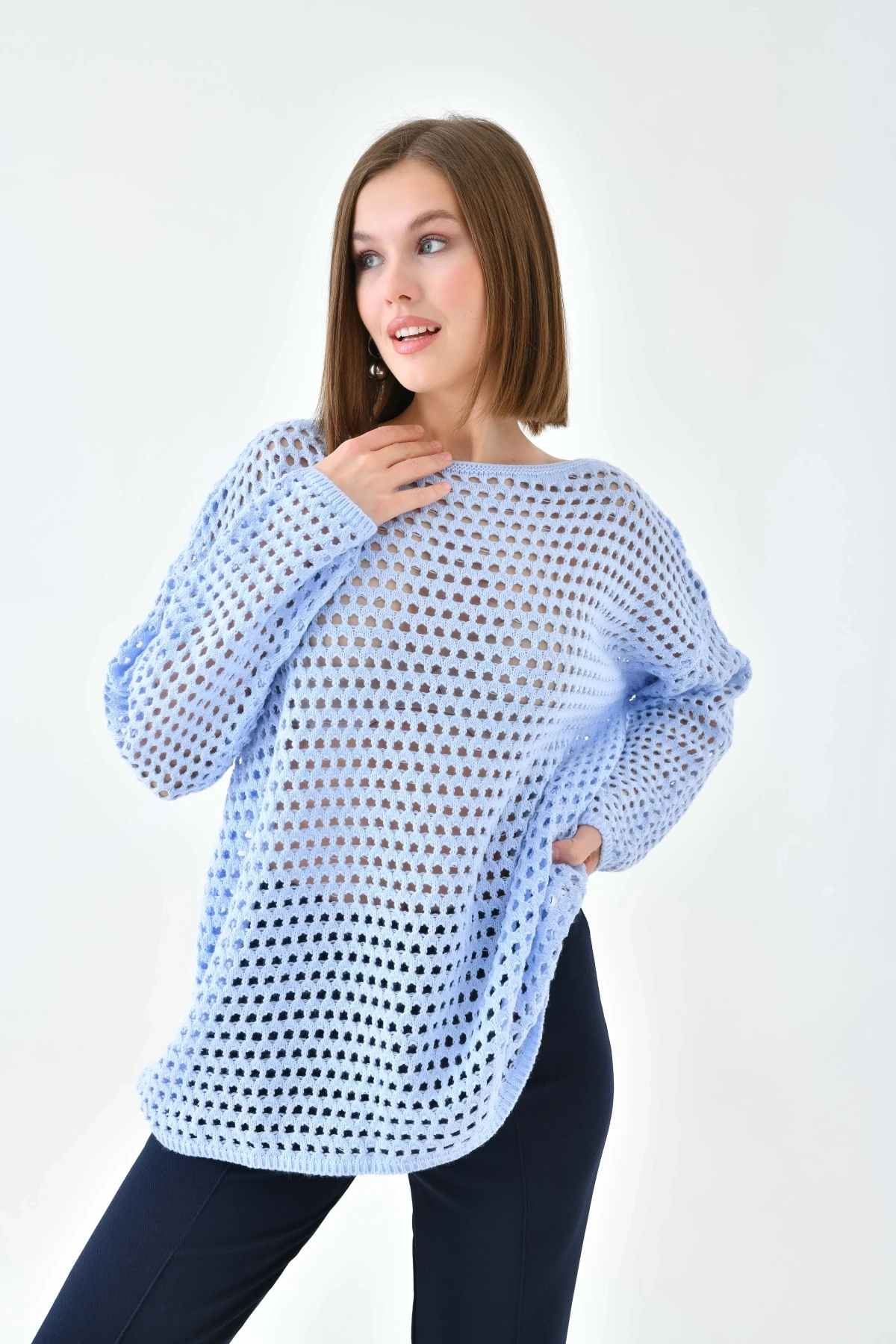 Kadın Kayık Yaka Örgü Detay Oversize Triko Kazak