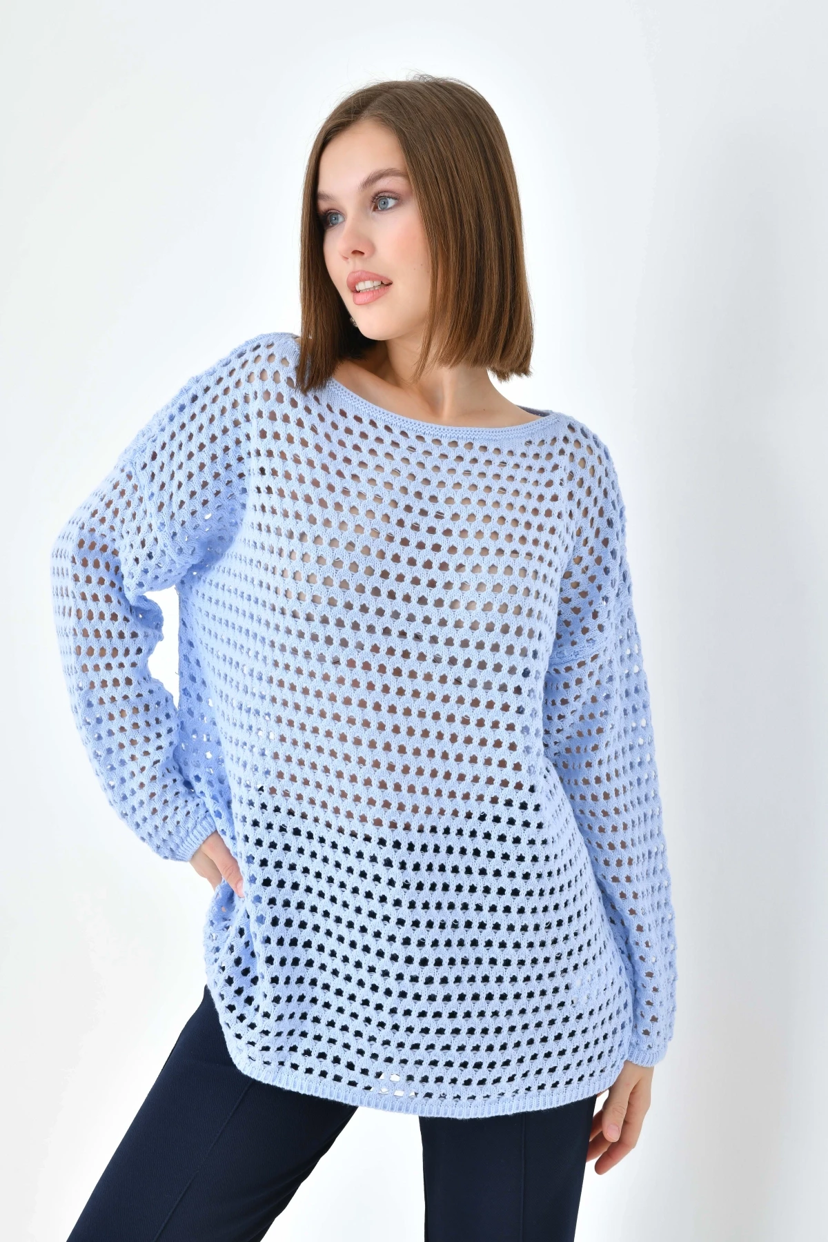 Kadın Kayık Yaka Örgü Detay Oversize Triko Kazak