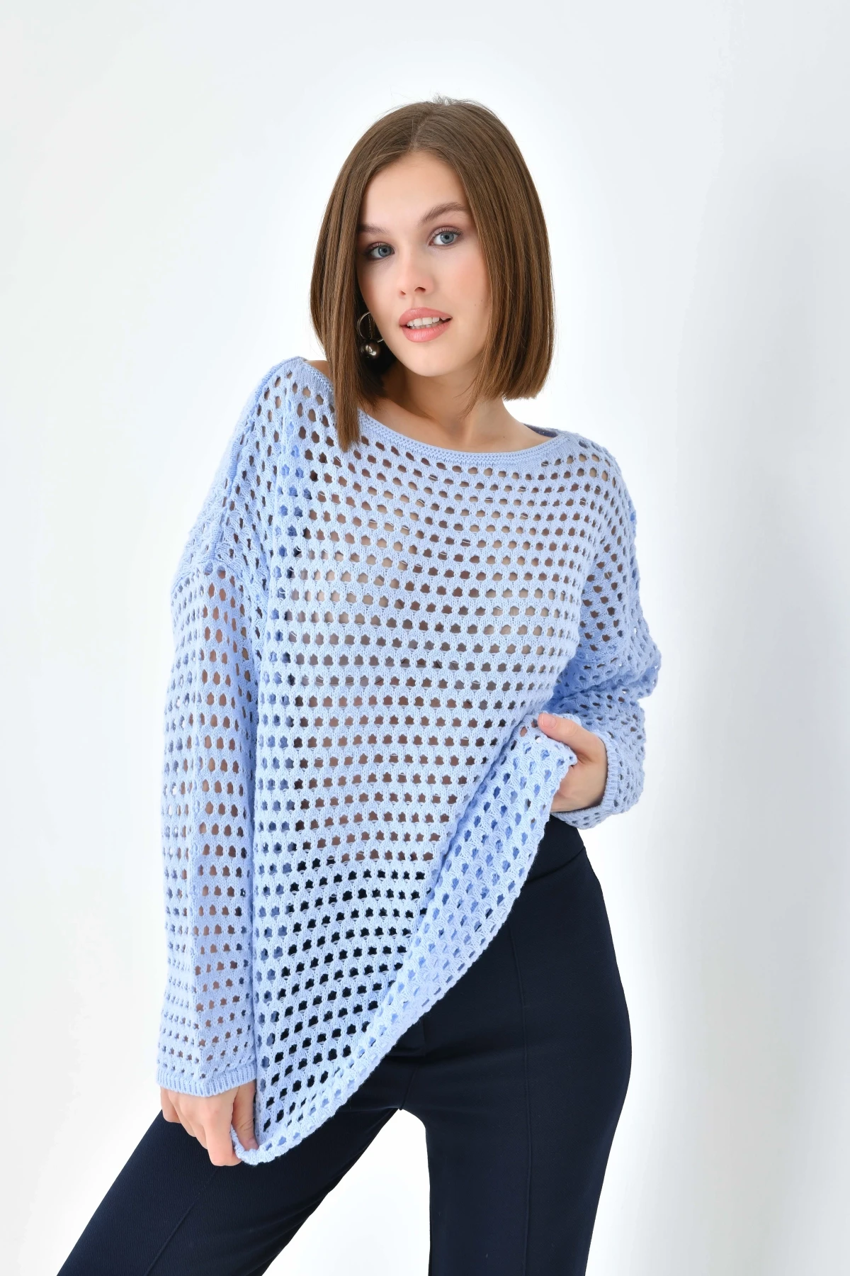 Kadın Kayık Yaka Örgü Detay Oversize Triko Kazak