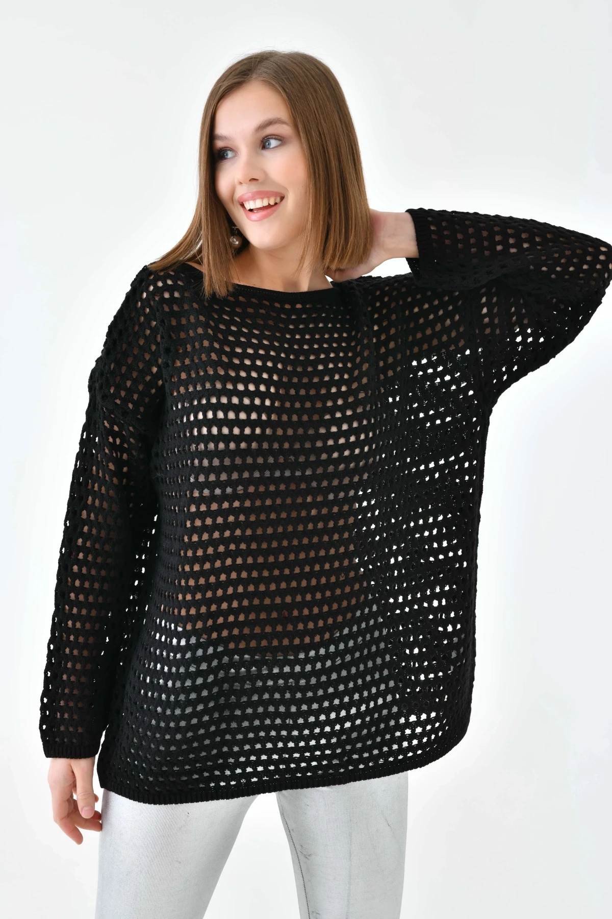 Kadın Kayık Yaka Örgü Detay Oversize Triko Kazak