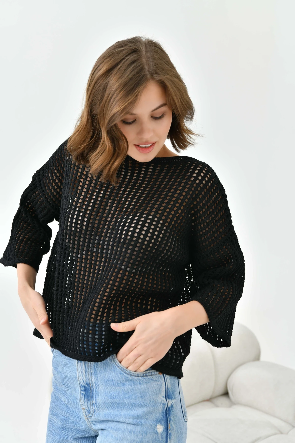 Kadın Kayık Yaka Örgü Detay Oversize Triko Kazak