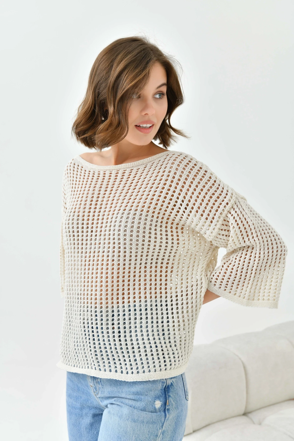 Kadın Kayık Yaka Örgü Detay Oversize Triko Kazak