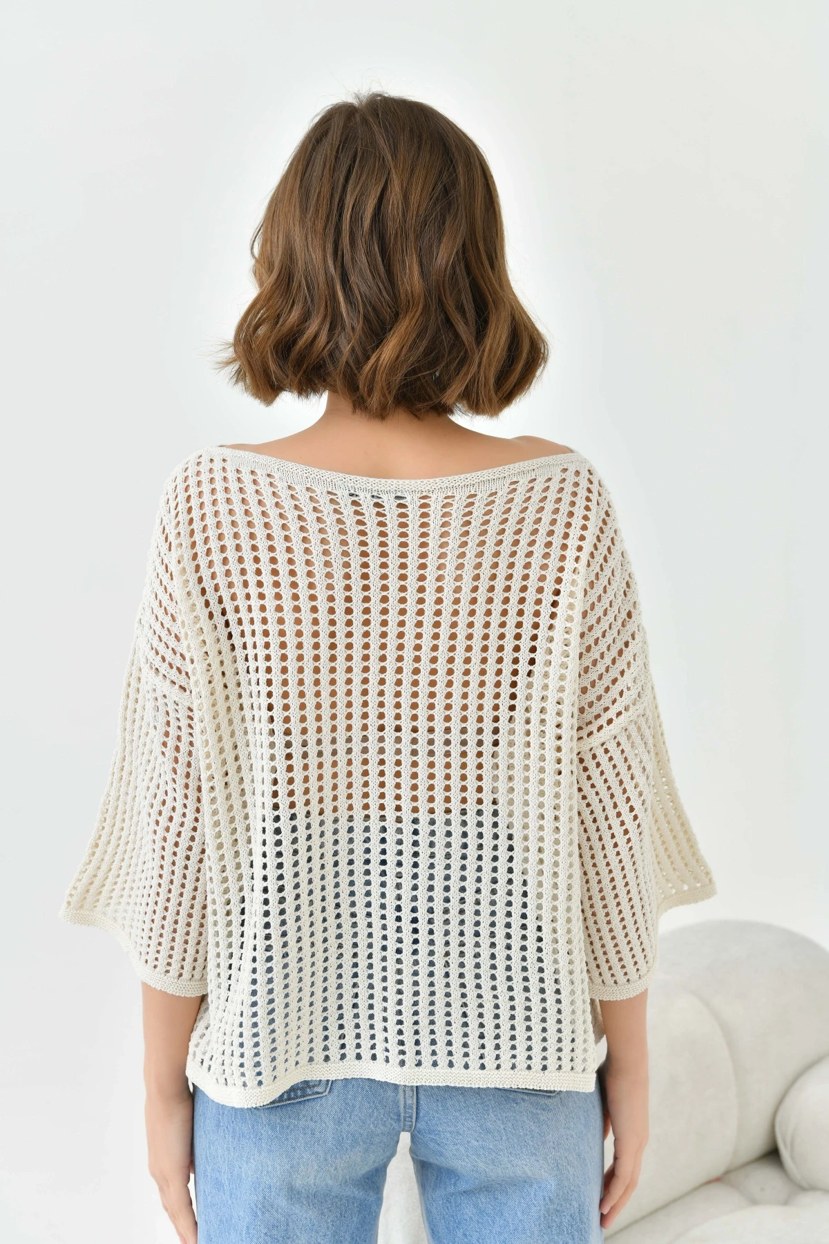 Kadın Kayık Yaka Örgü Detay Oversize Triko Kazak