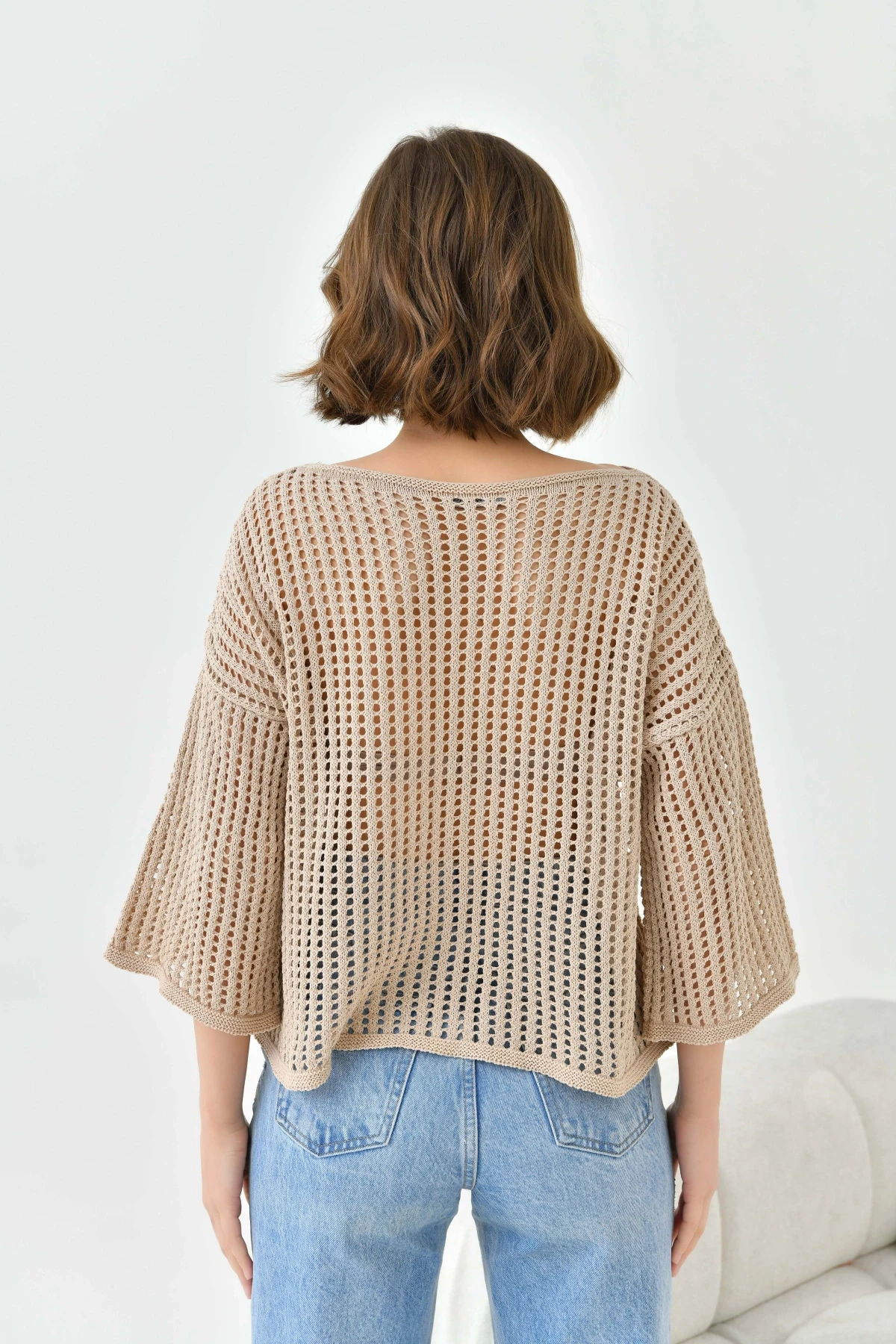 Kadın Kayık Yaka Örgü Detay Oversize Triko Kazak