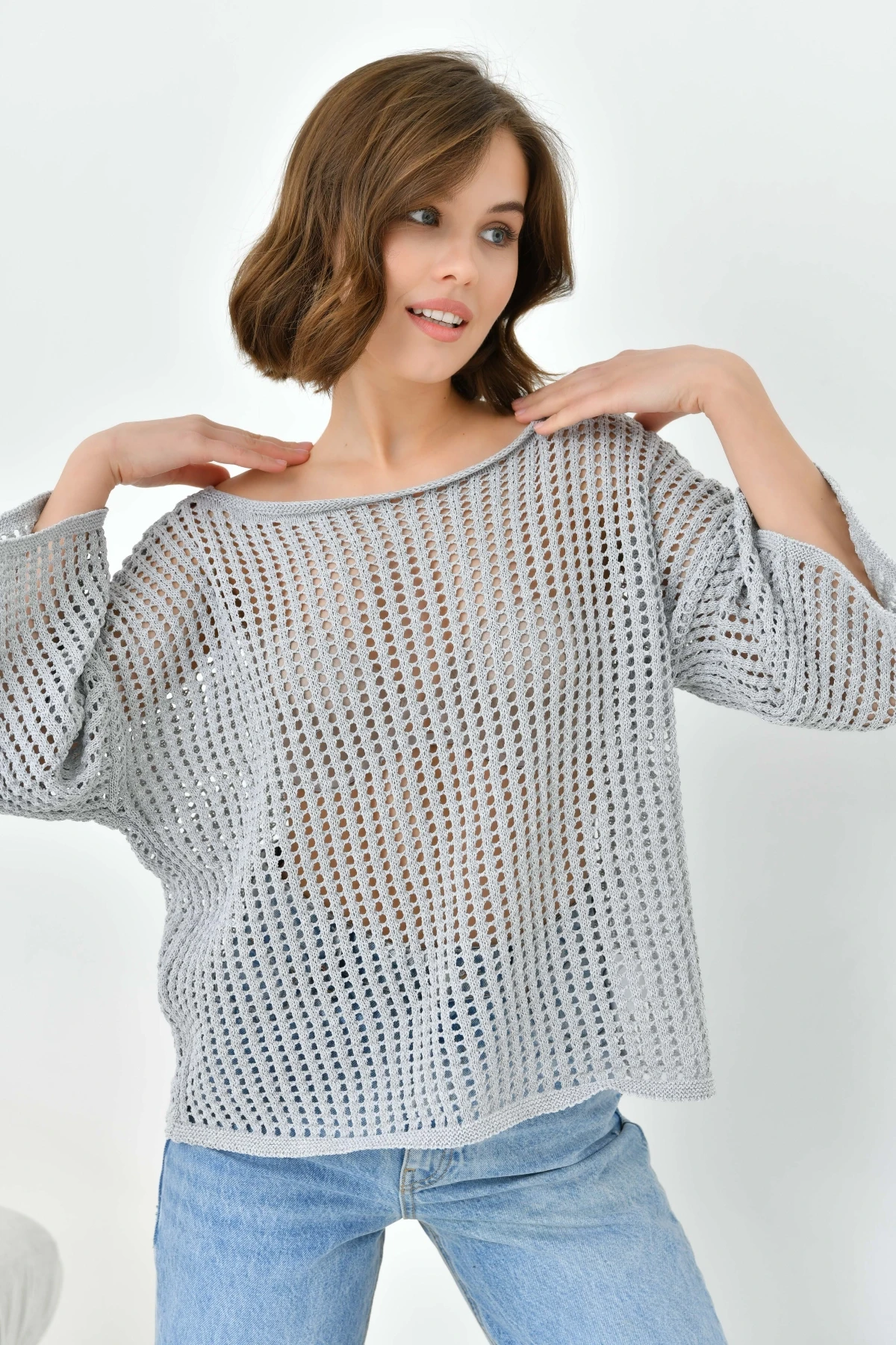 Kadın Kayık Yaka Örgü Detay Oversize Triko Kazak