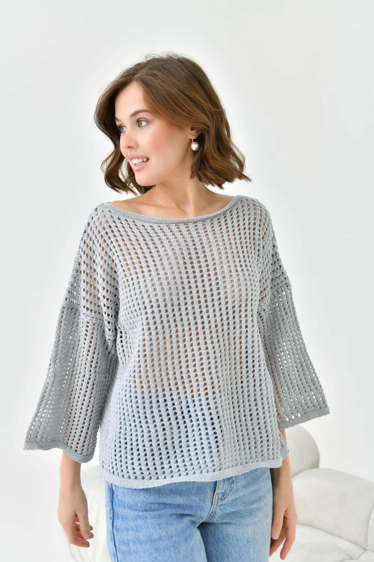 Kadın Kayık Yaka Örgü Detay Oversize Triko Kazak