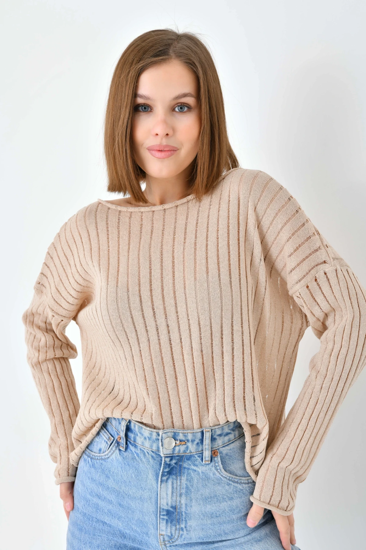 Kadın Kayık Yaka Örgü Detay Salaş Triko Kazak