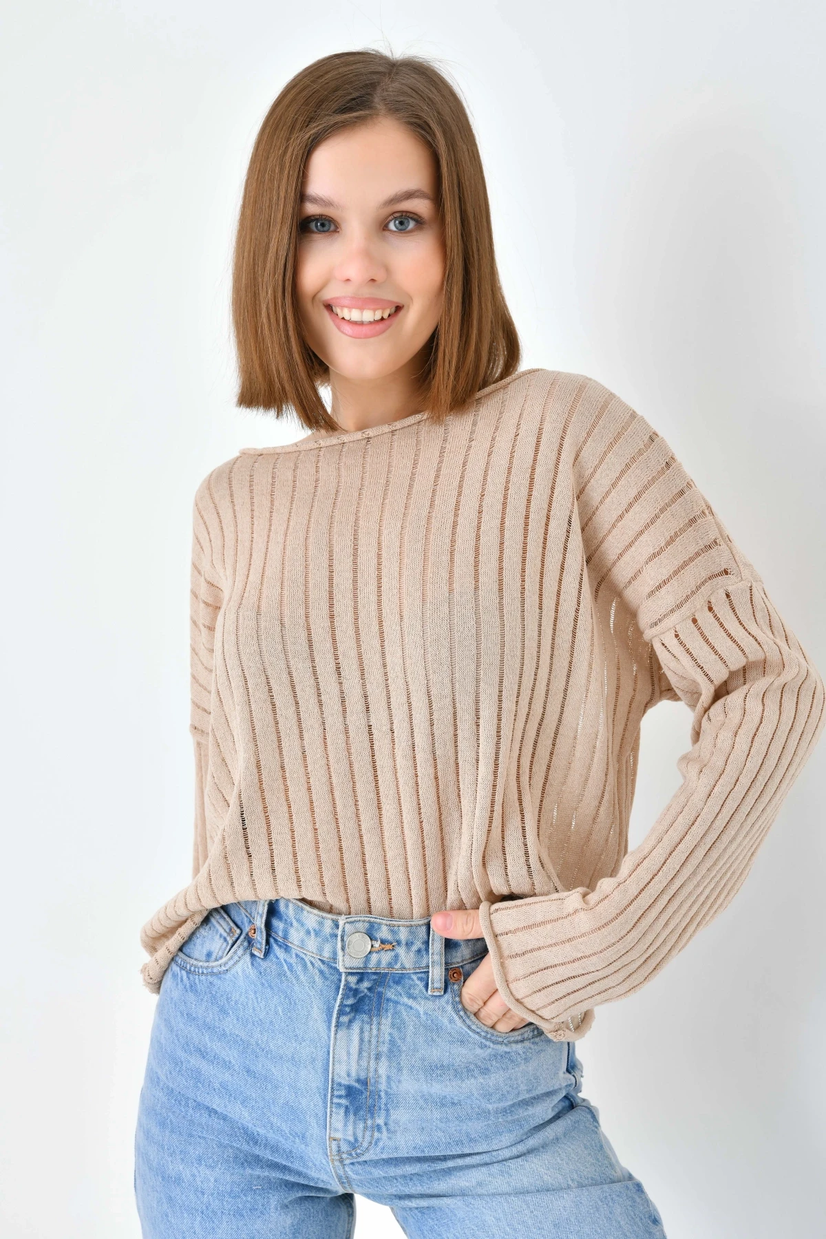 Kadın Kayık Yaka Örgü Detay Salaş Triko Kazak