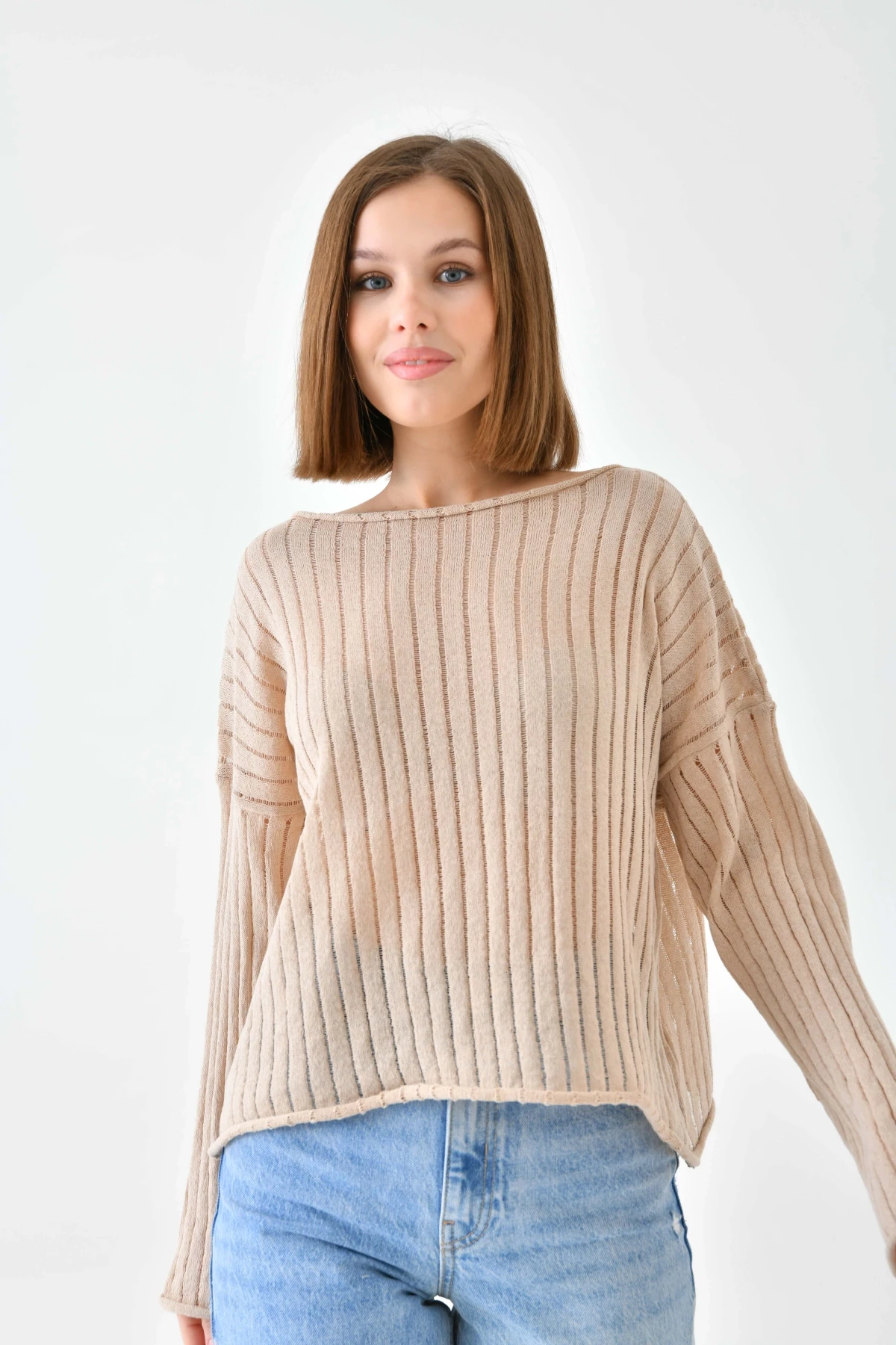 Kadın Kayık Yaka Örgü Detay Salaş Triko Kazak