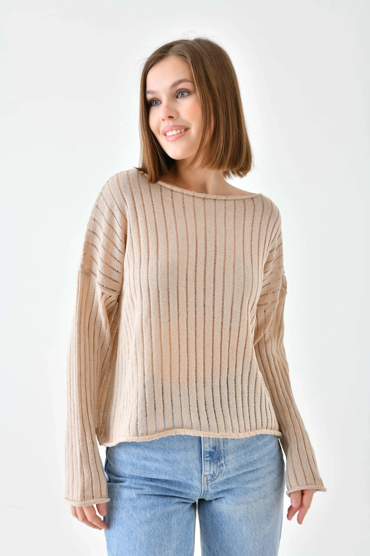 Kadın Kayık Yaka Örgü Detay Salaş Triko Kazak