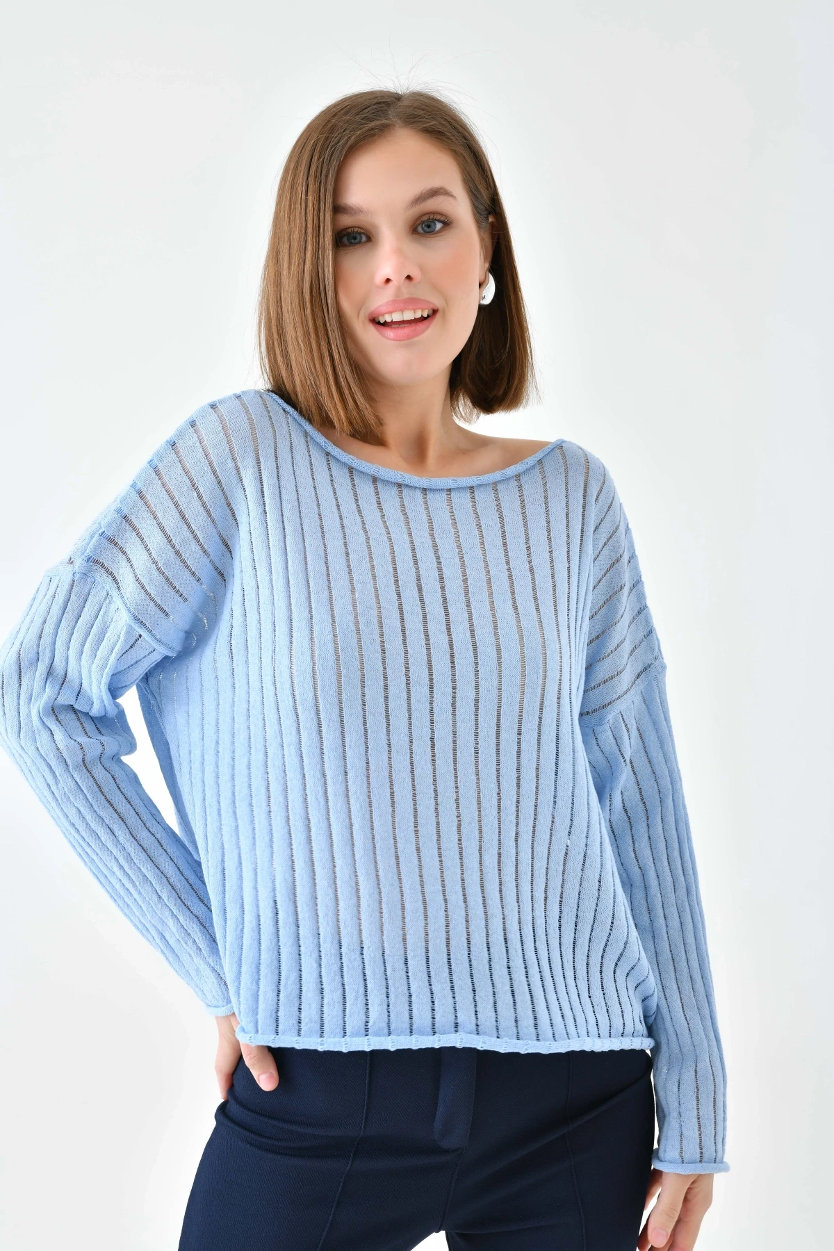 Kadın Kayık Yaka Örgü Detay Salaş Triko Kazak