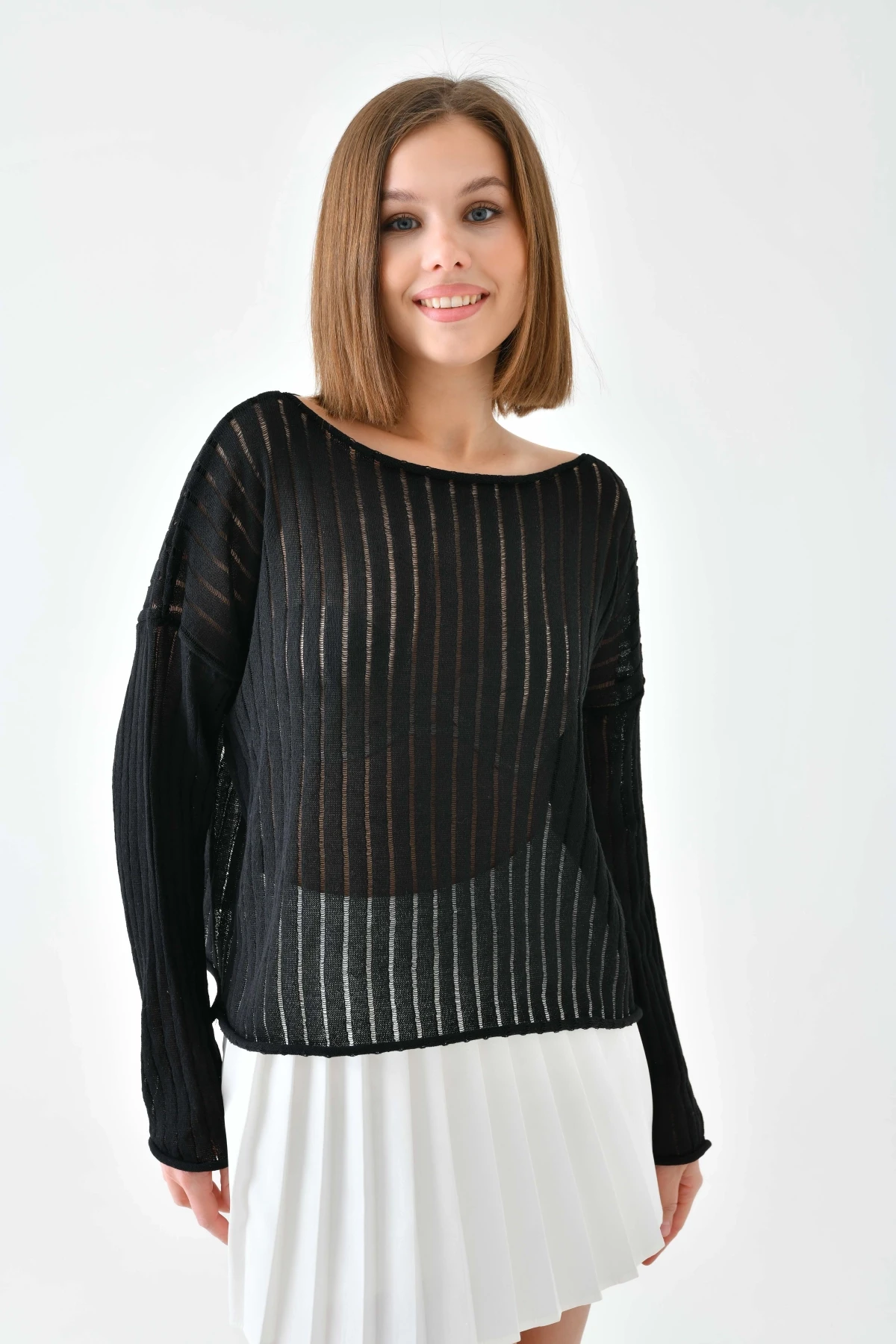 Kadın Kayık Yaka Örgü Detay Salaş Triko Kazak