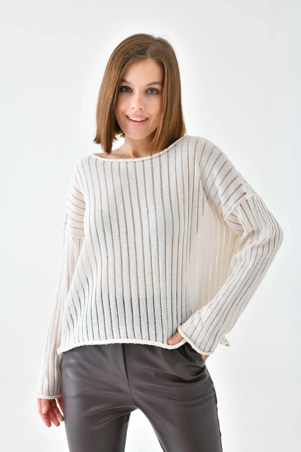 Kadın Kayık Yaka Örgü Detay Salaş Triko Kazak