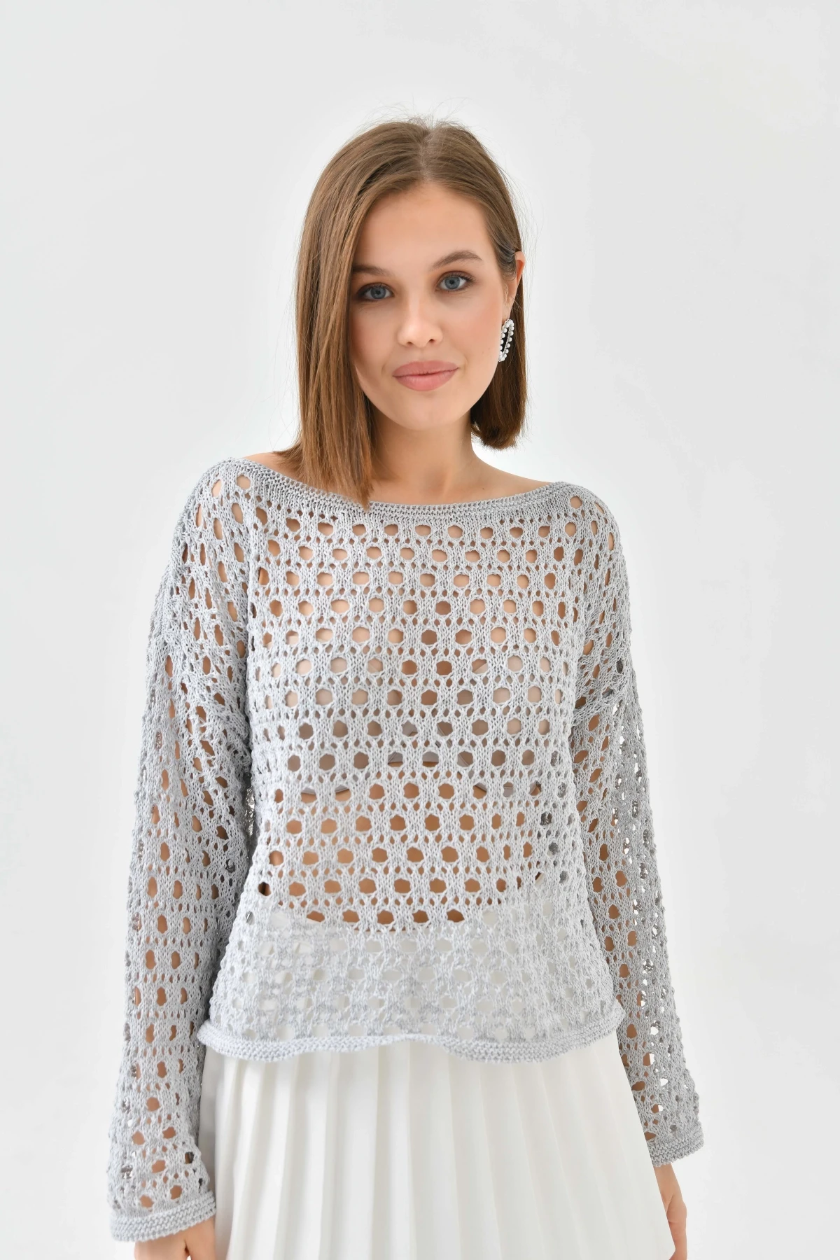 Kadın Kayık Yaka Örgü Detay Triko Kazak