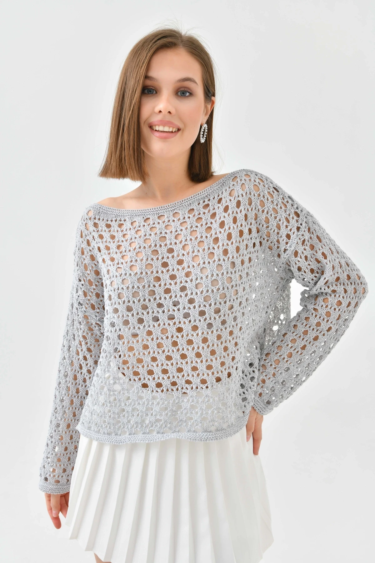 Kadın Kayık Yaka Örgü Detay Triko Kazak