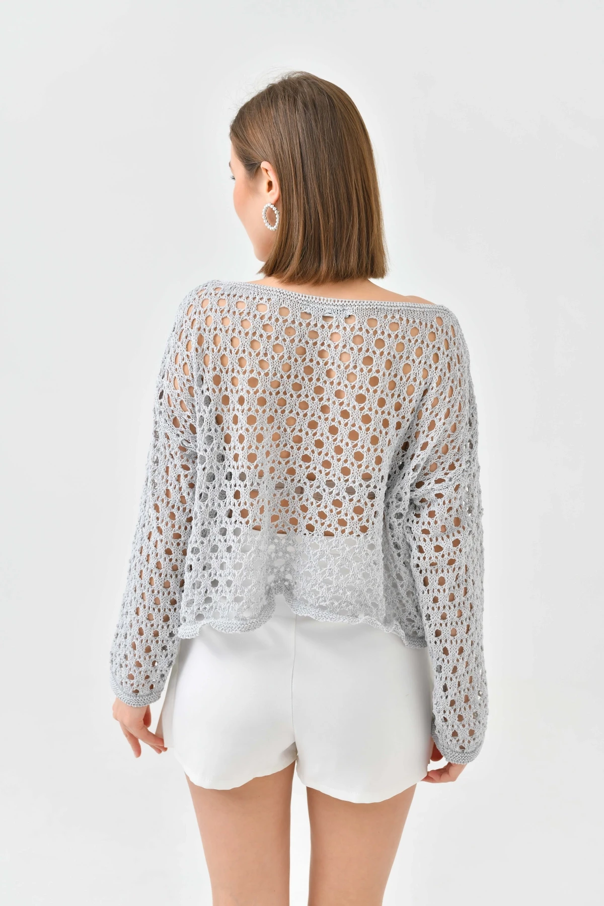 Kadın Kayık Yaka Örgü Detay Triko Kazak